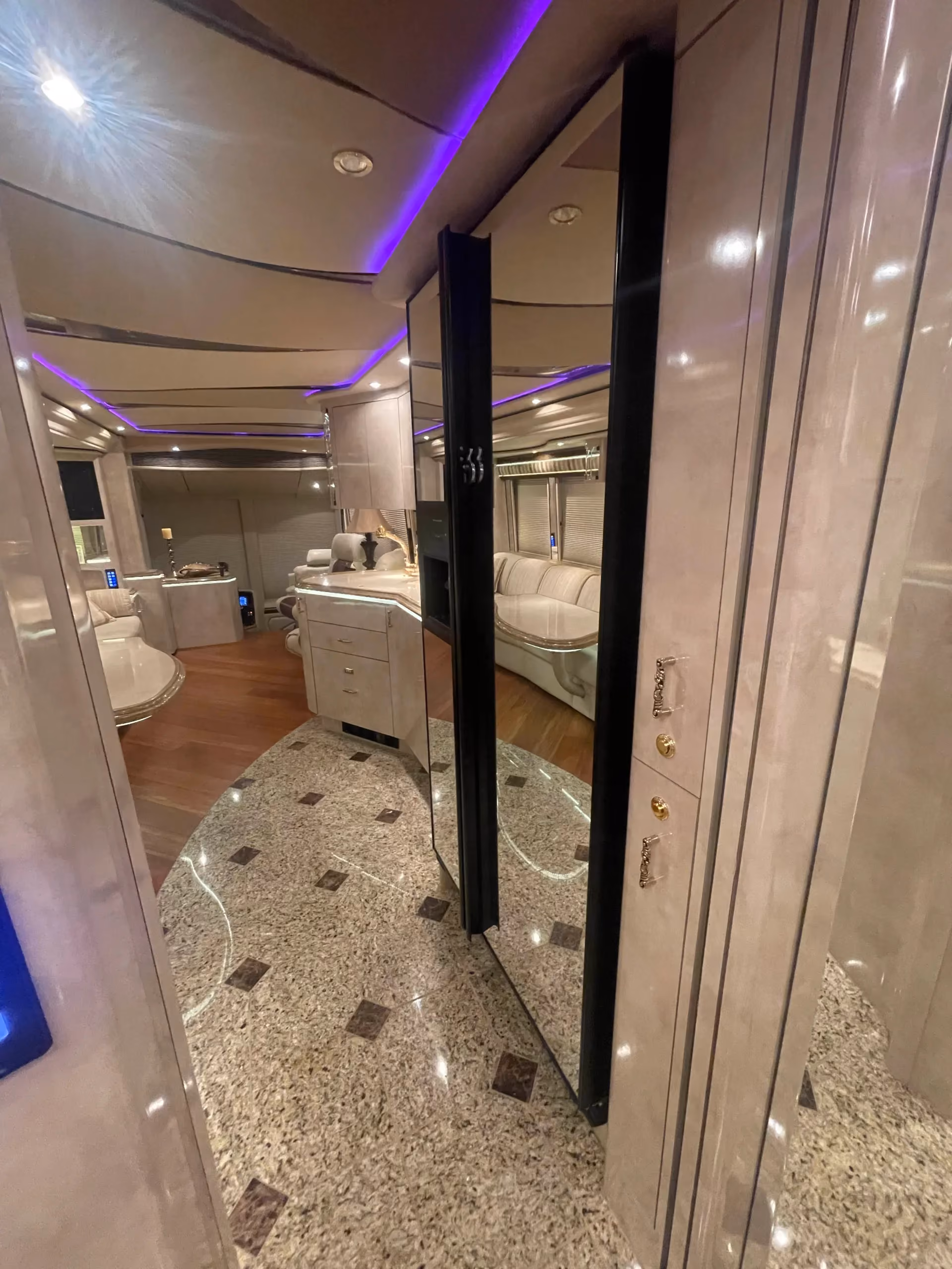 Interior rear bedroom suite of Marathon Coach 1202