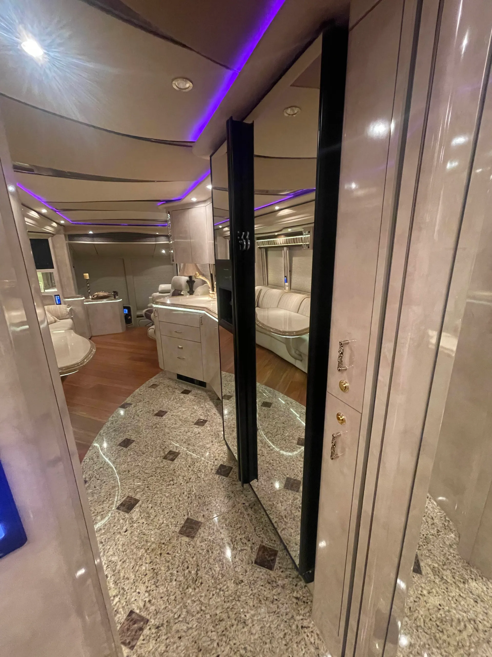 Interior rear bedroom suite of Marathon Coach 1202