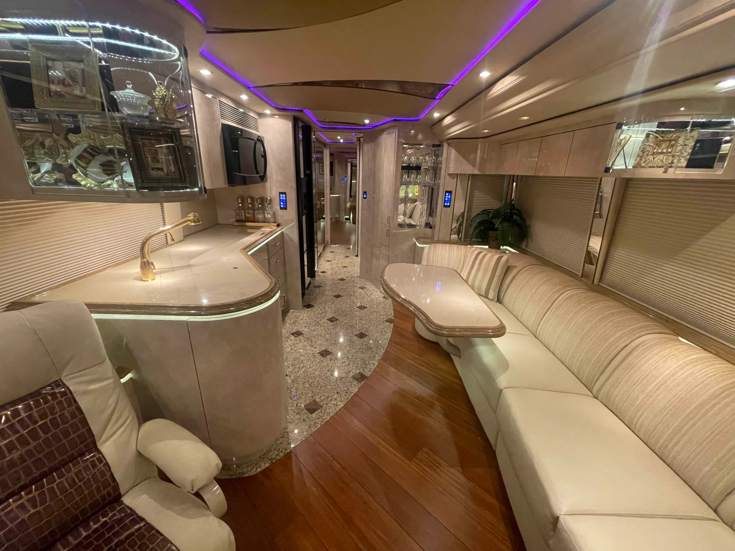 Interior living area of Marathon Coach 1202 with Crestron surround sound