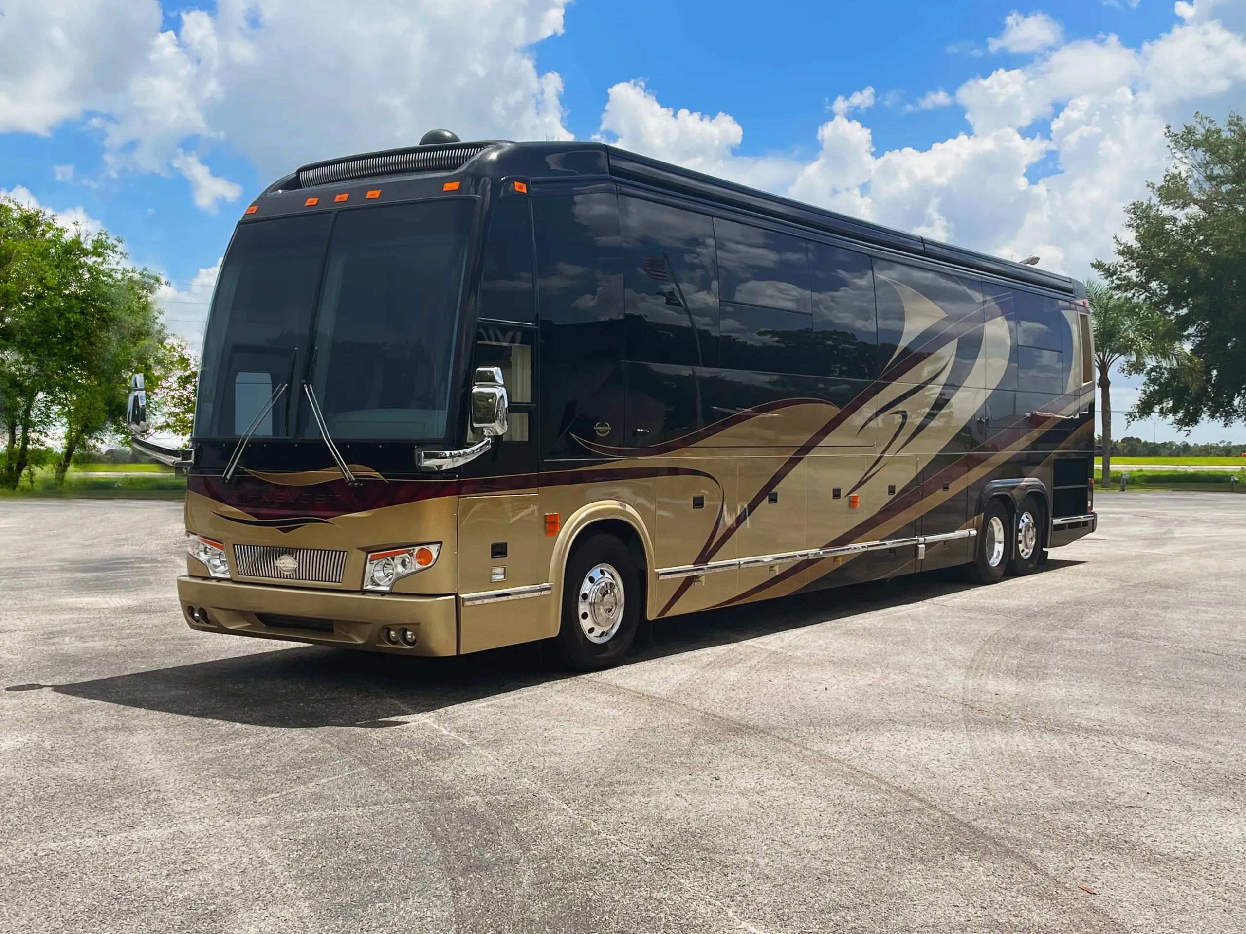 Exterior glamour shot of 2012 Marathon Coach 1202 on Prevost H3-45 chassis