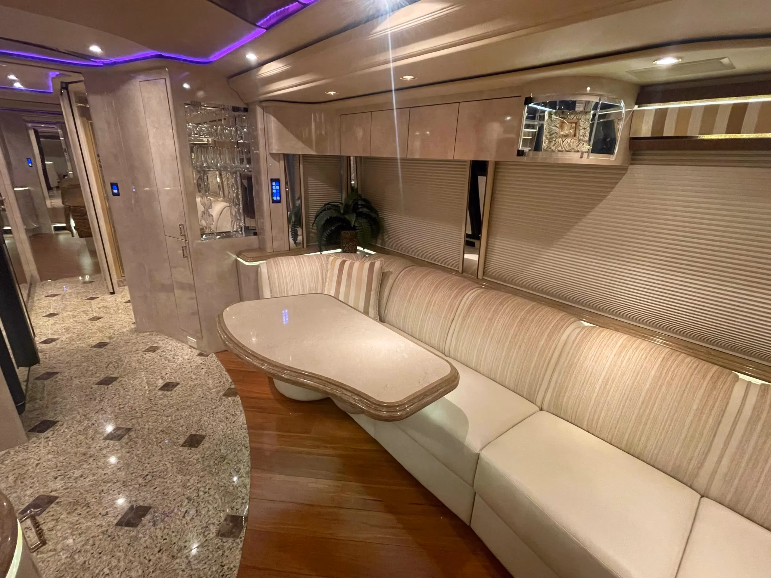 Interior galley kitchen with granite countertops in Marathon Coach 1202