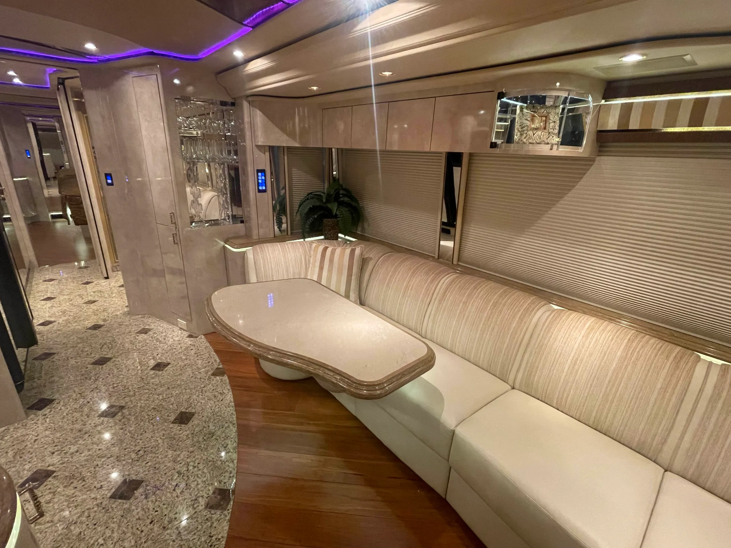 Interior galley kitchen with granite countertops in Marathon Coach 1202