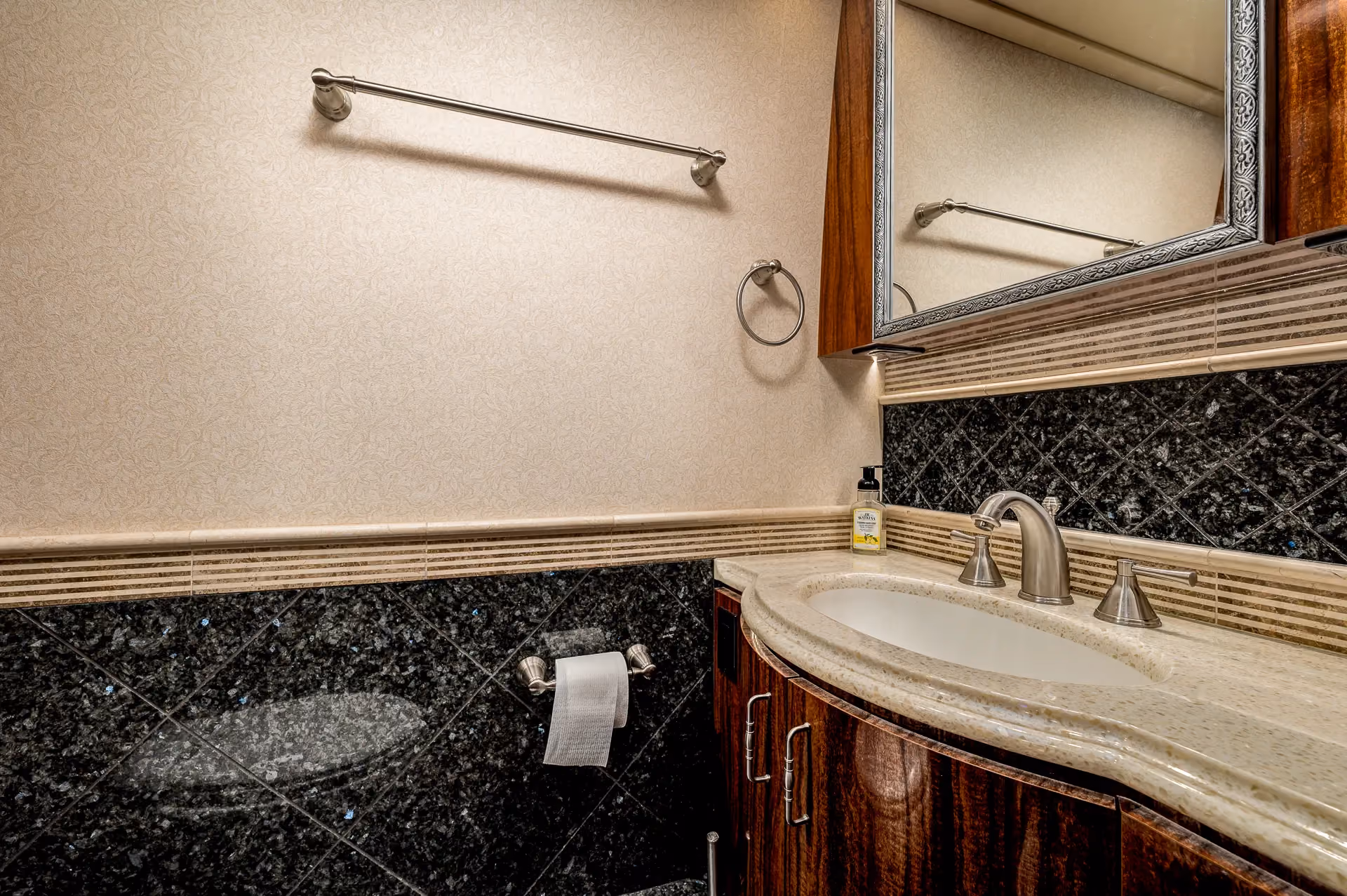 Interior galley countertop and cabinetry in Marathon Coach 1205