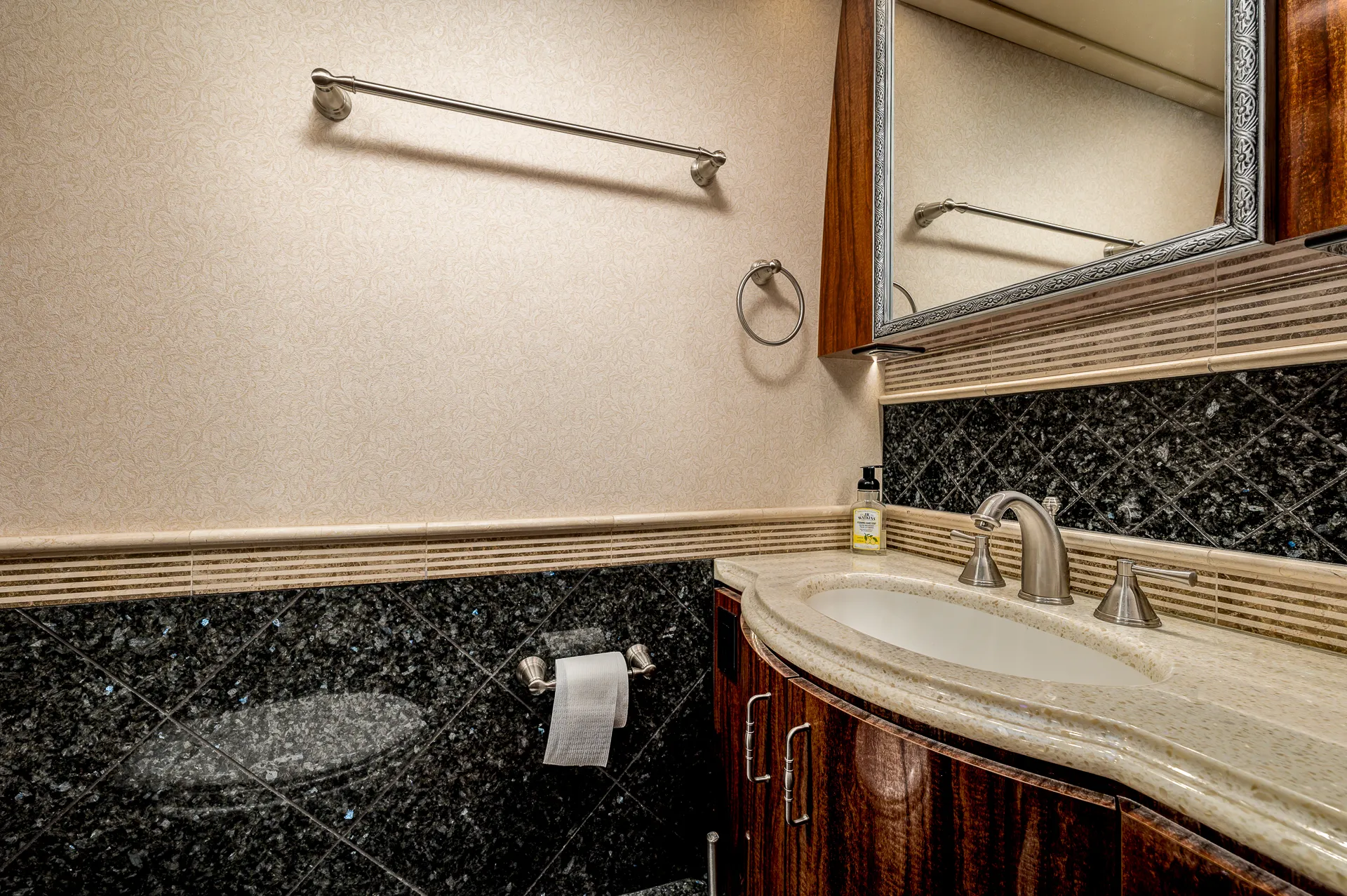 Interior galley countertop and cabinetry in Marathon Coach 1205