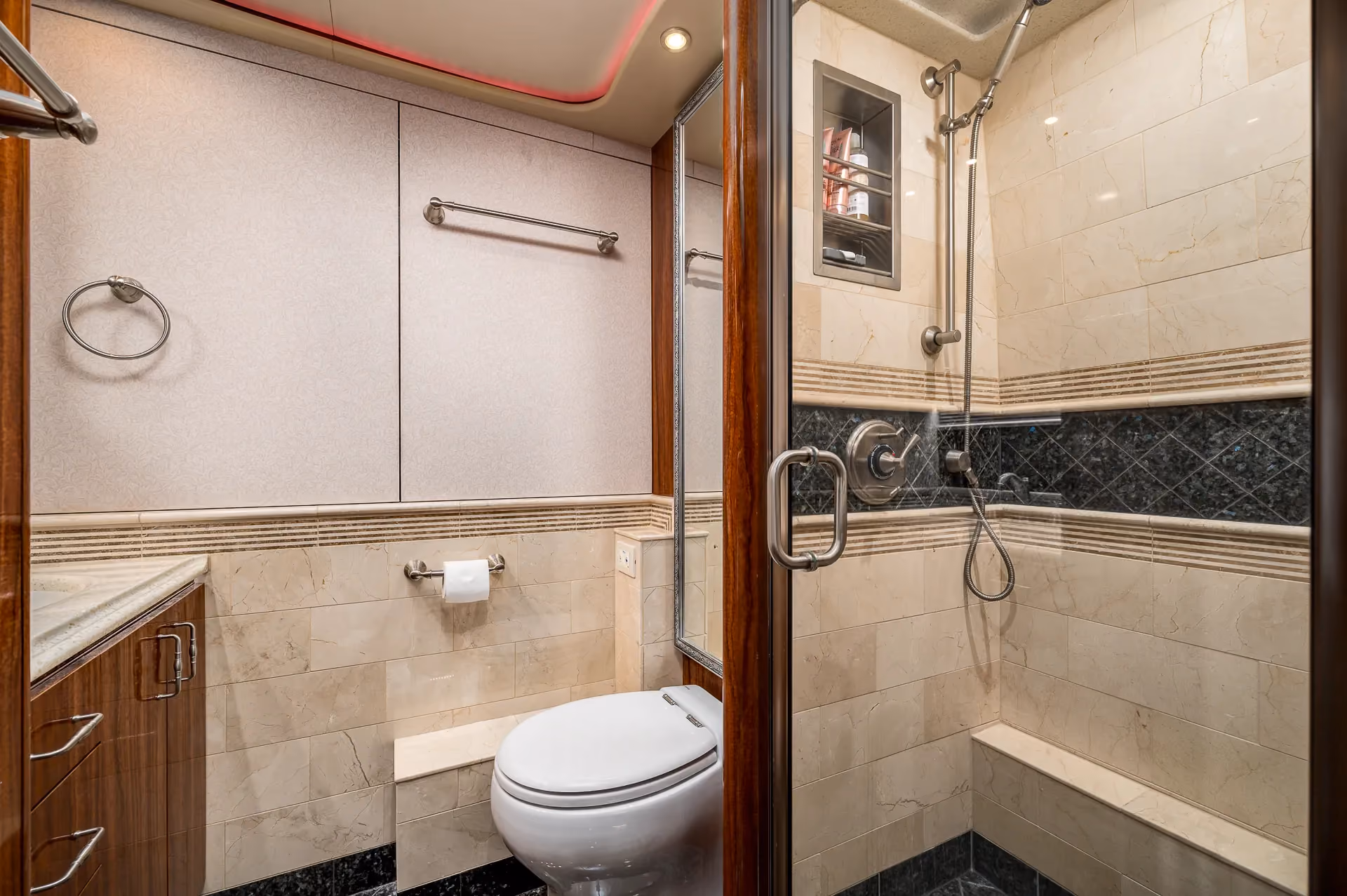 Interior bathroom vanity of Marathon Coach 1205