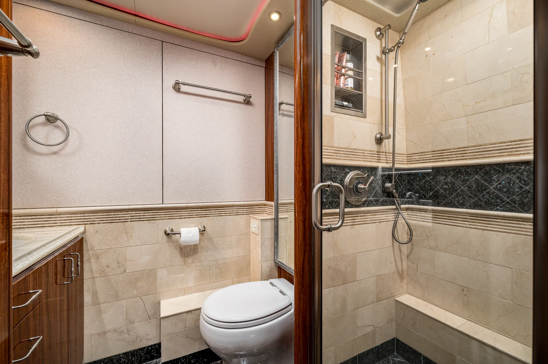 Interior bathroom vanity of Marathon Coach 1205