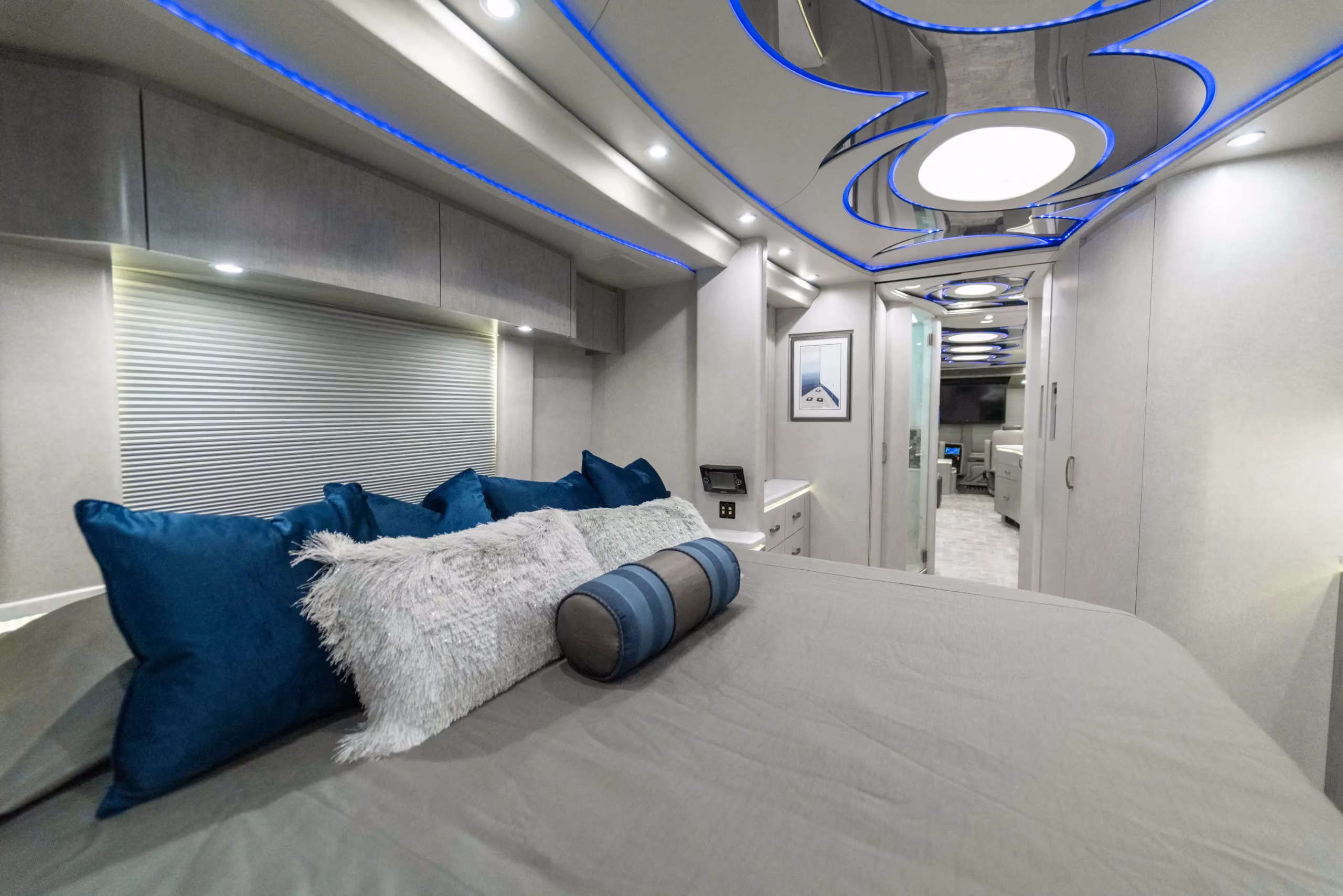 Interior salon cabinetry and finishes in Marathon Coach 1216