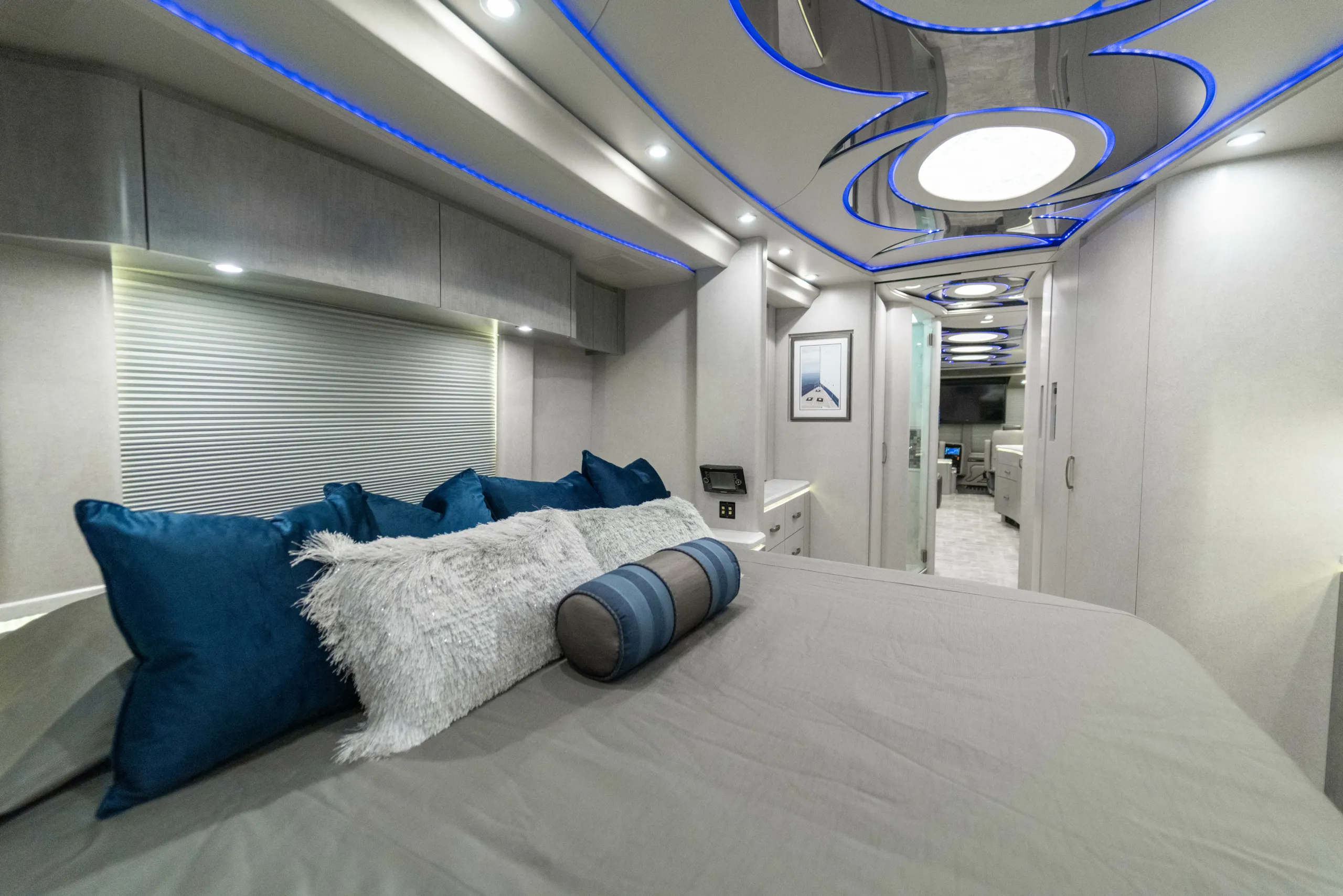 Interior salon cabinetry and finishes in Marathon Coach 1216