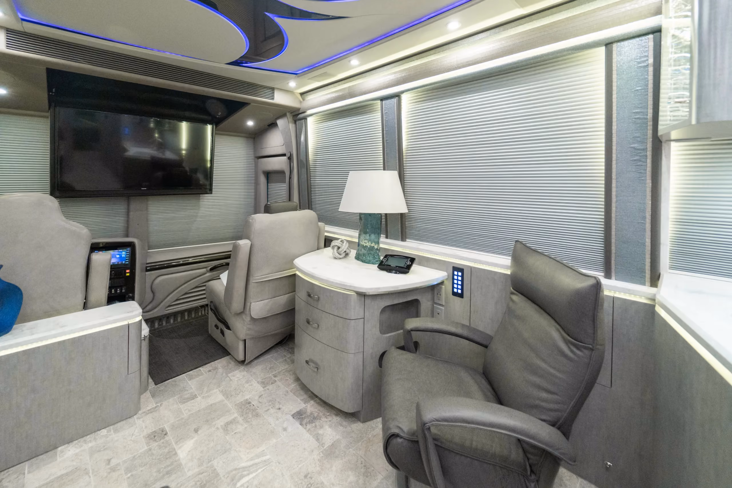 Interior salon cabinetry close-up in Marathon Coach 1216