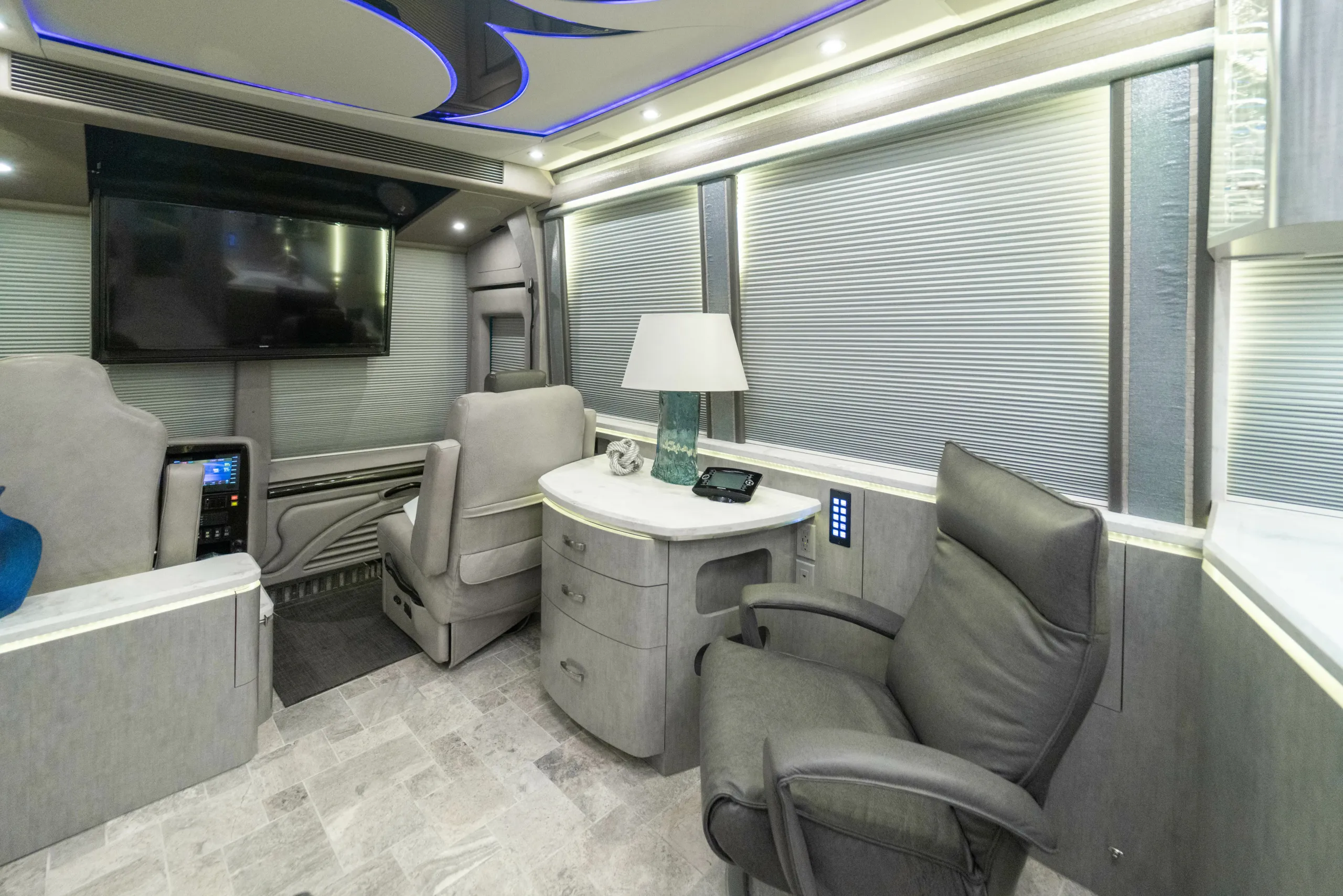 Interior salon cabinetry close-up in Marathon Coach 1216
