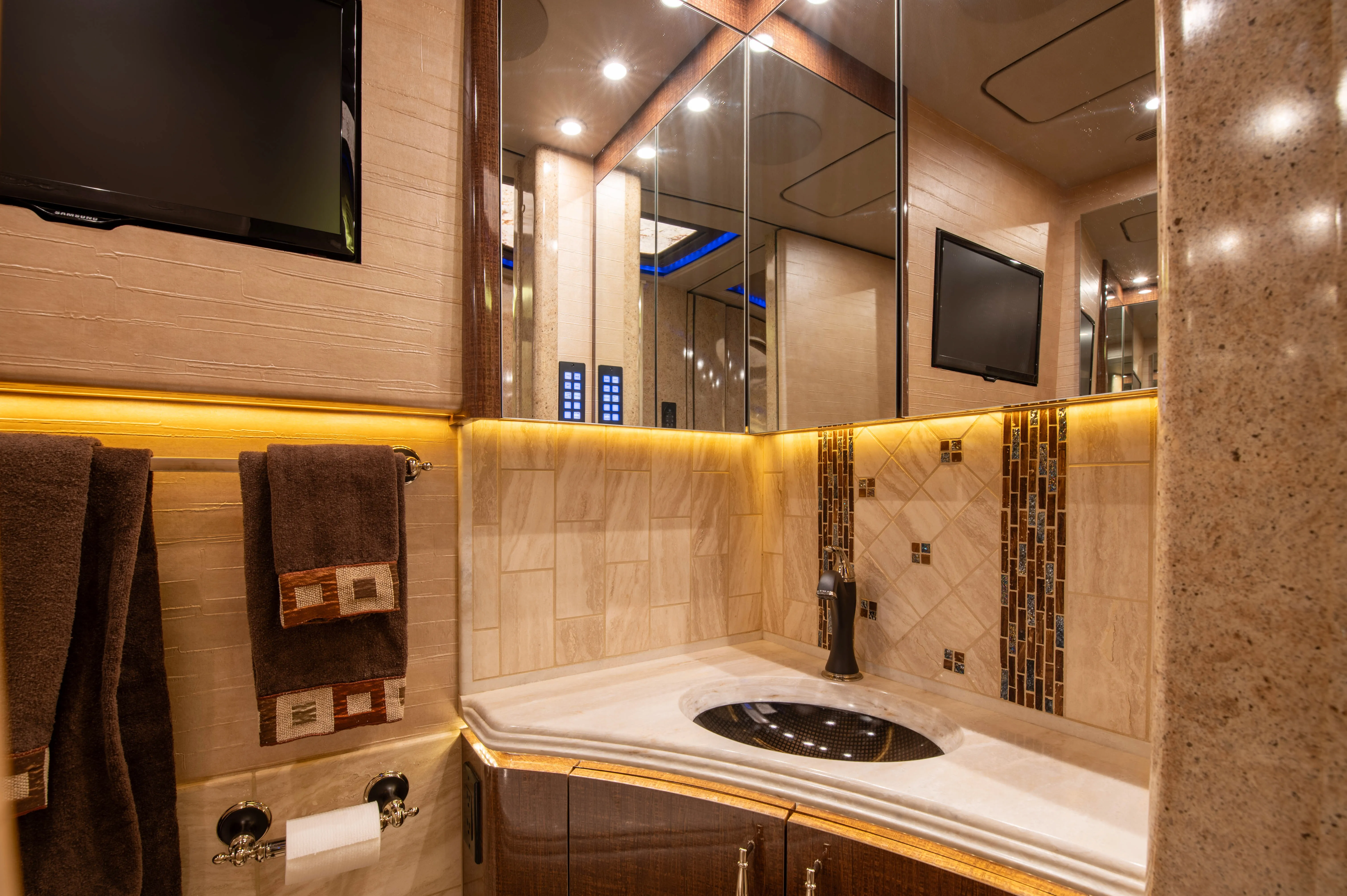 Interior galley kitchen of Marathon Coach 1219