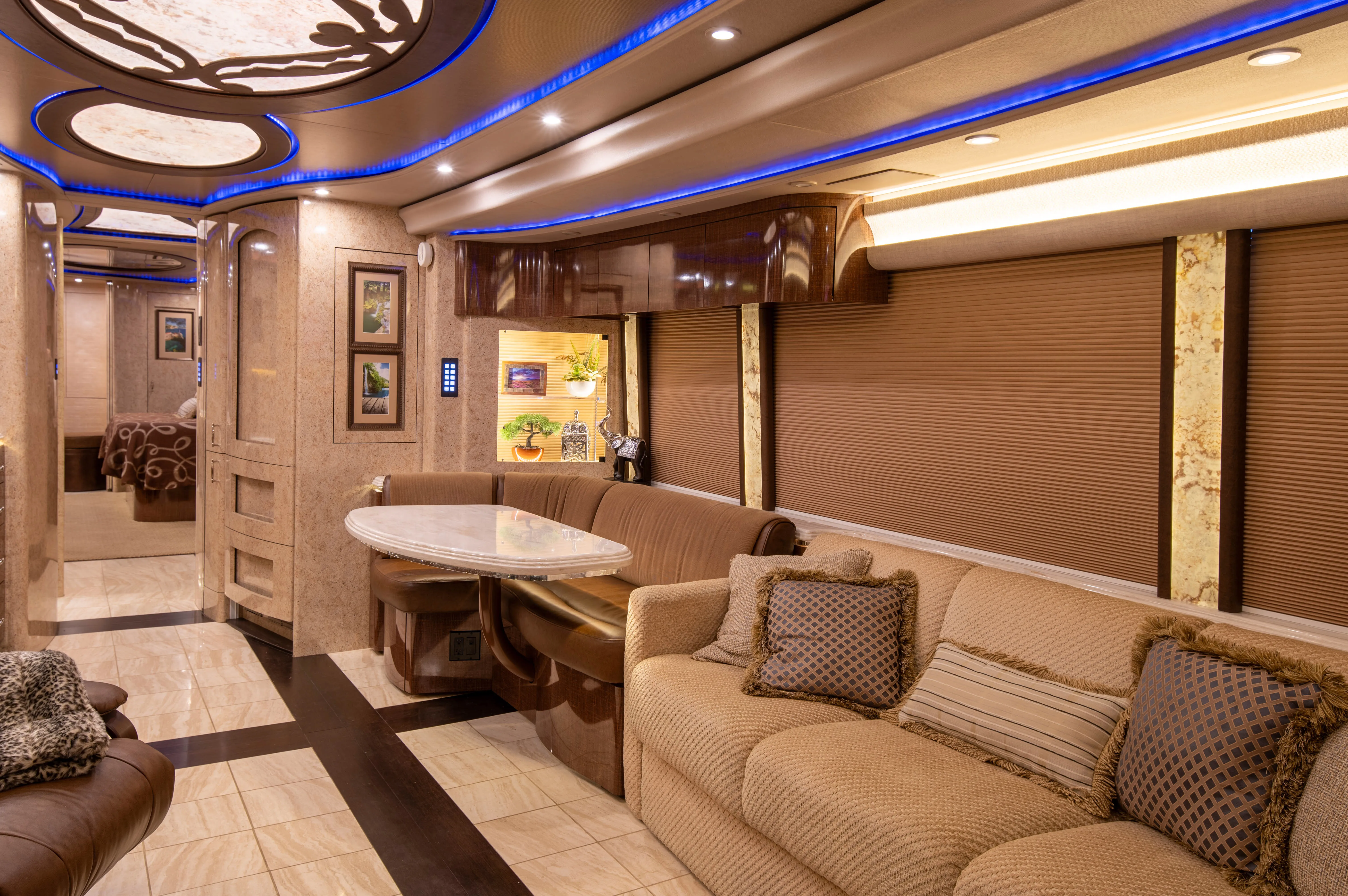 Interior salon cabinetry and finishes in Marathon Coach 1219