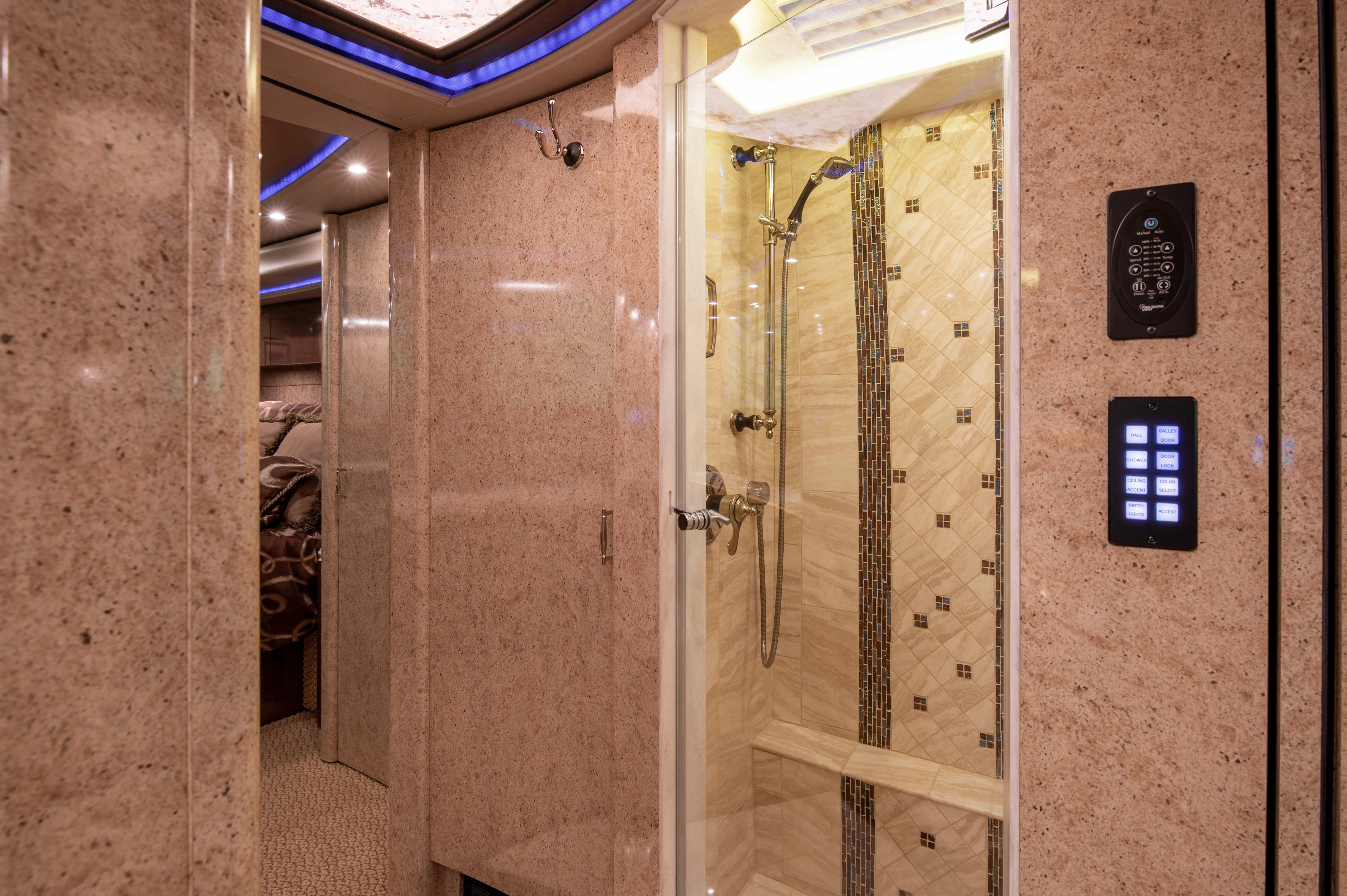 Interior galley countertop and cabinetry in Marathon Coach 1219
