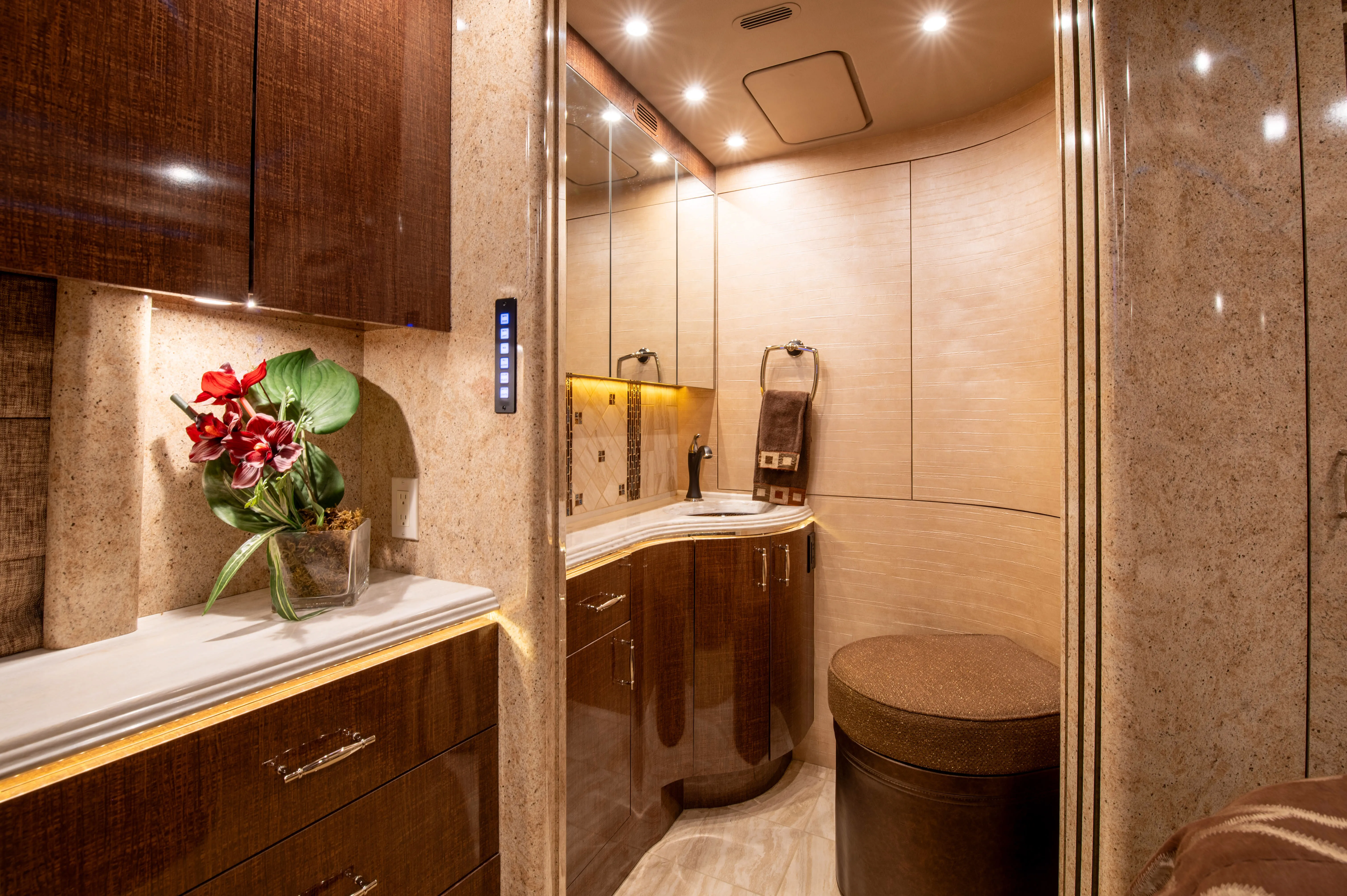 Interior shower with temperature-sensing valve in Marathon Coach 1219