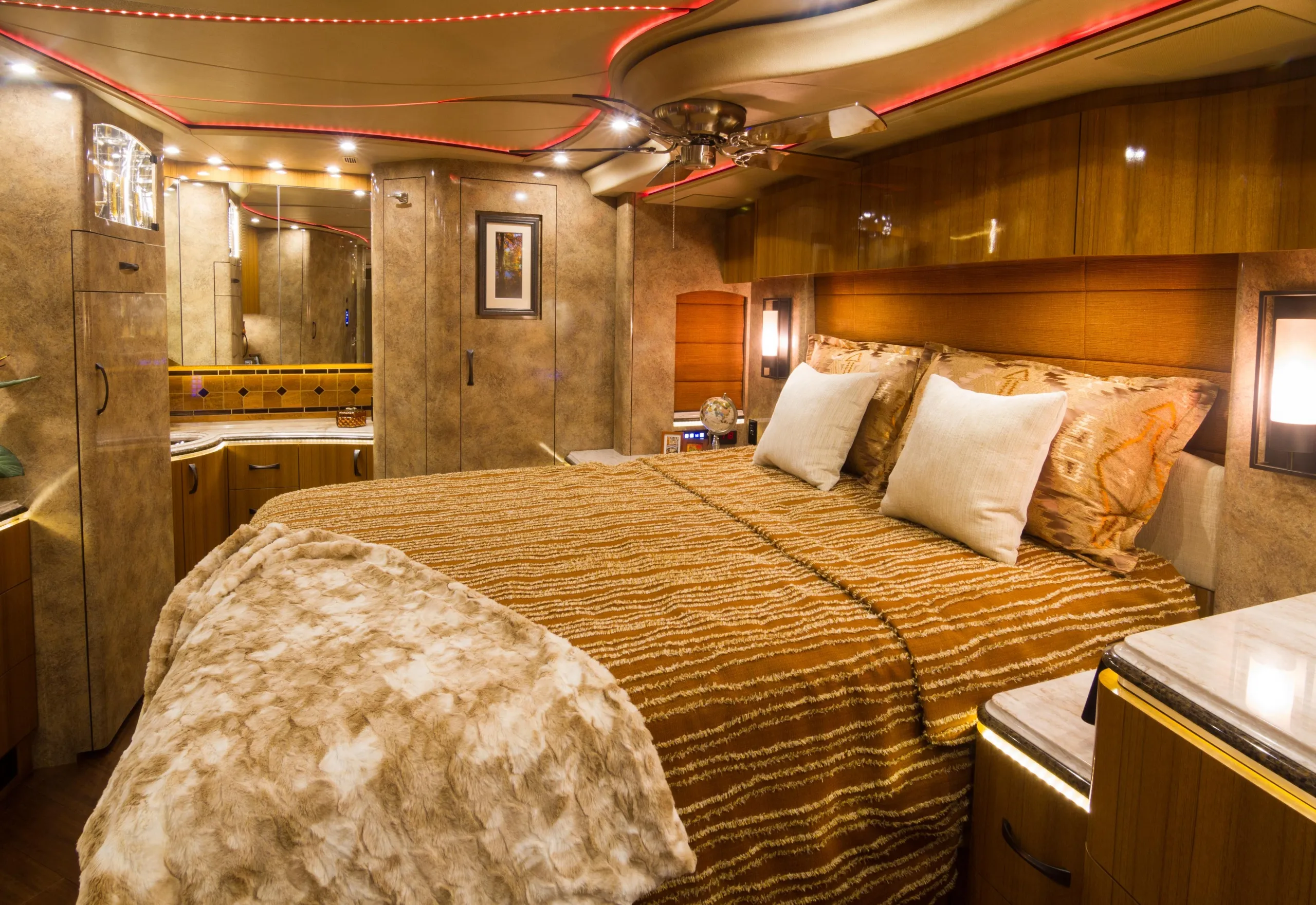 Interior living area with Crestron A/V controls in Marathon Coach 1221