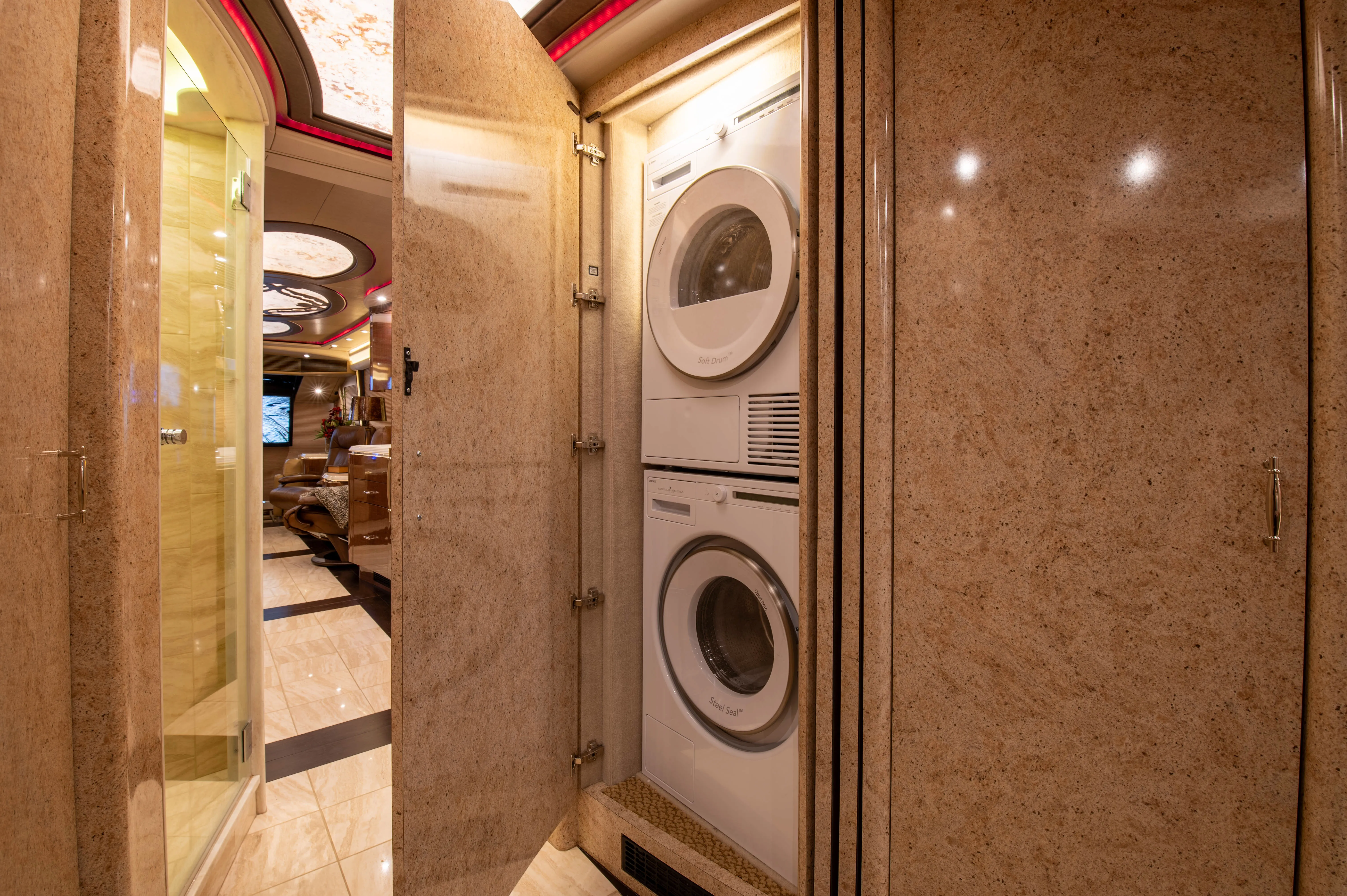 Interior rear bedroom suite of Marathon Coach 1219
