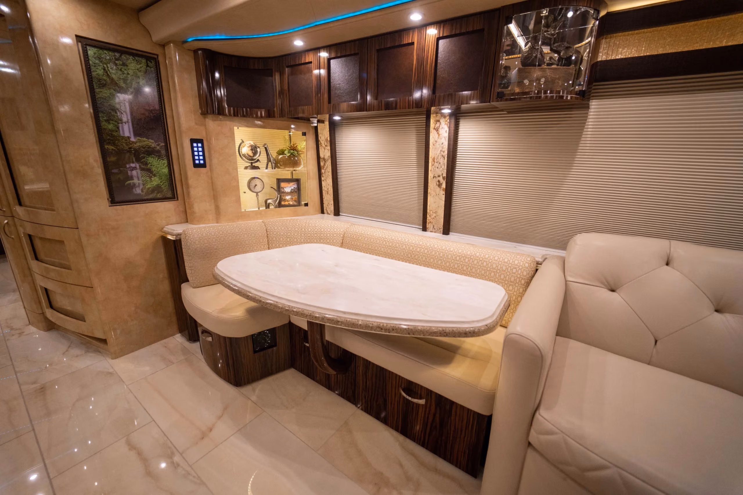 Interior salon cabinetry and finishes in Marathon Coach 1241