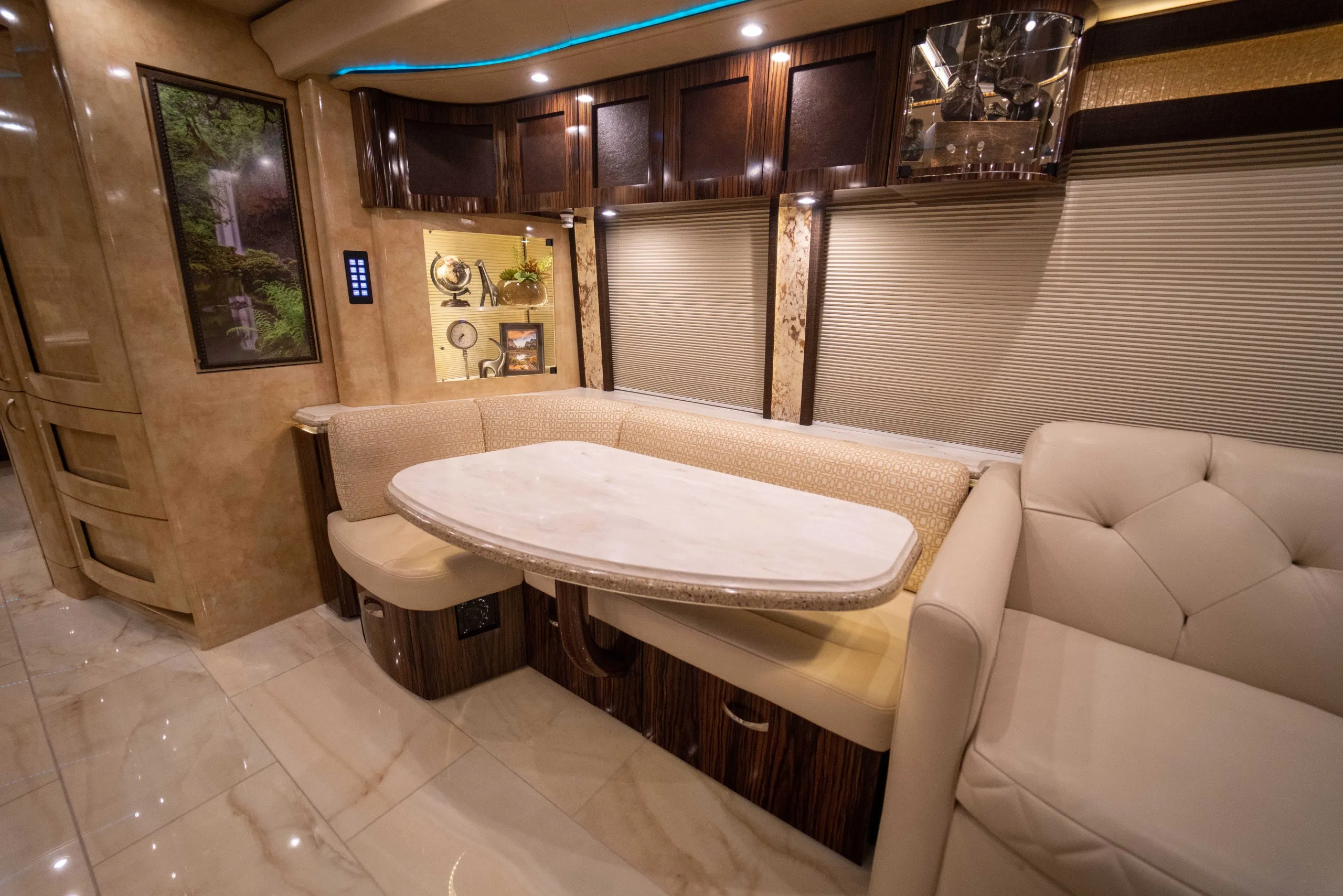 Interior salon cabinetry and finishes in Marathon Coach 1241
