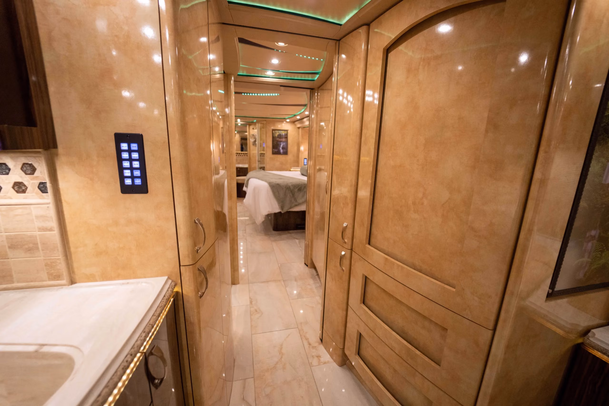 Interior galley kitchen of Marathon Coach 1241