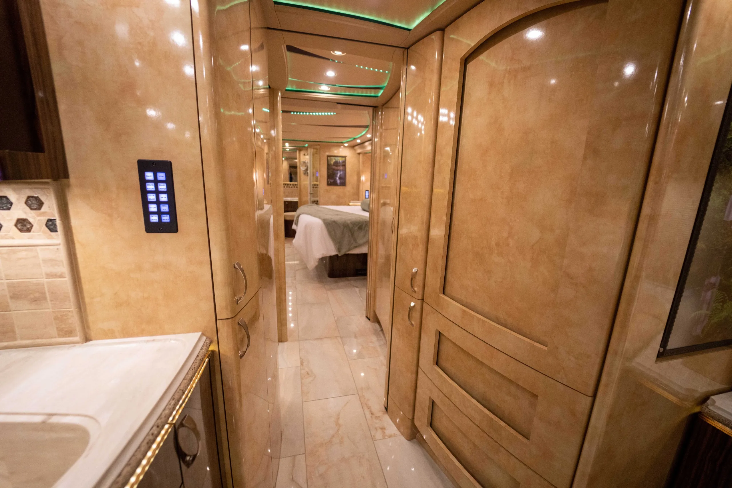 Interior galley kitchen of Marathon Coach 1241