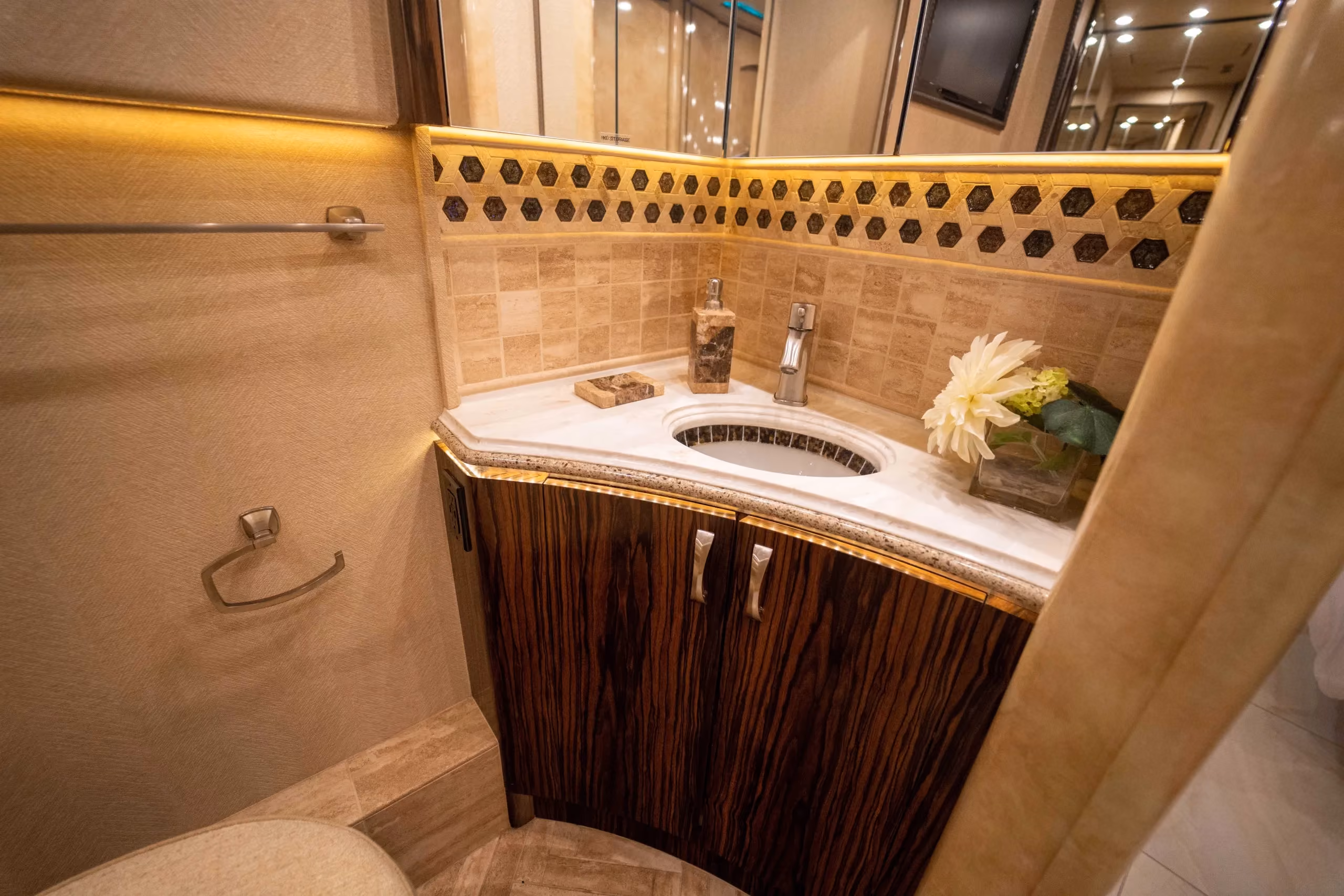 Interior galley countertop and cabinetry in Marathon Coach 1241