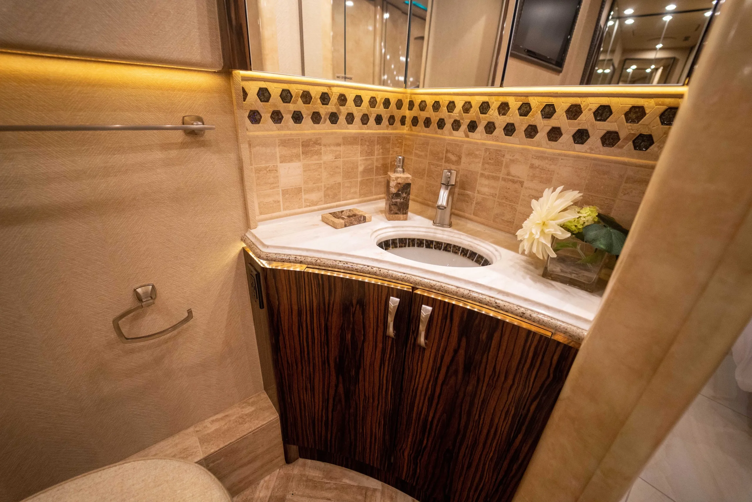 Interior galley countertop and cabinetry in Marathon Coach 1241