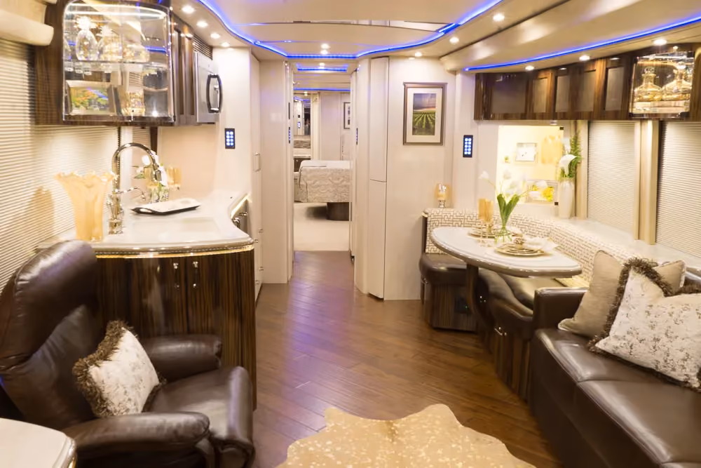 Interior salon of 2018 Marathon Coach 1262 with integrated A/V system
