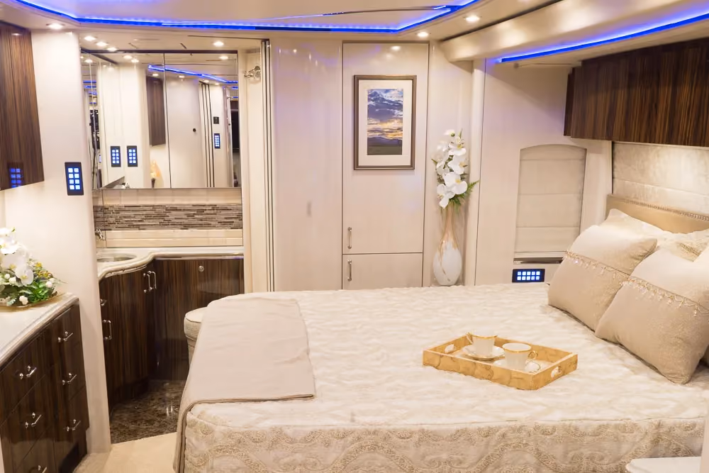 Interior galley countertop and cabinetry in Marathon Coach 1262