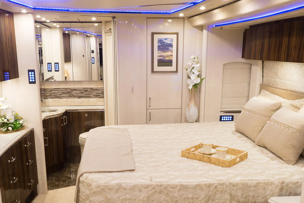 Interior galley countertop and cabinetry in Marathon Coach 1262