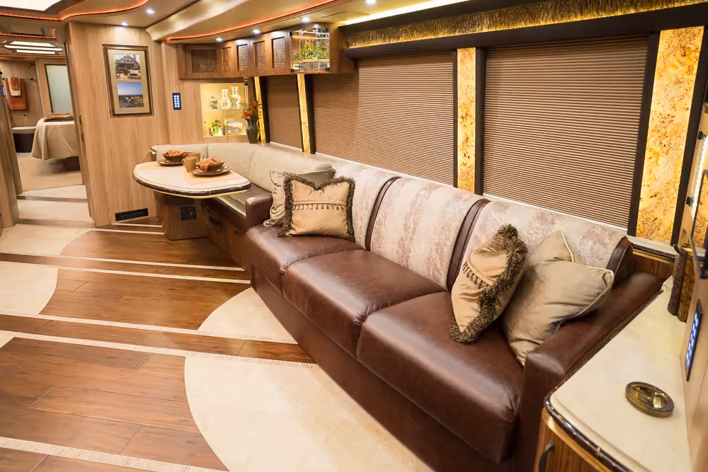 Interior salon of 2018 Marathon Coach 1275 with Crestron surround sound