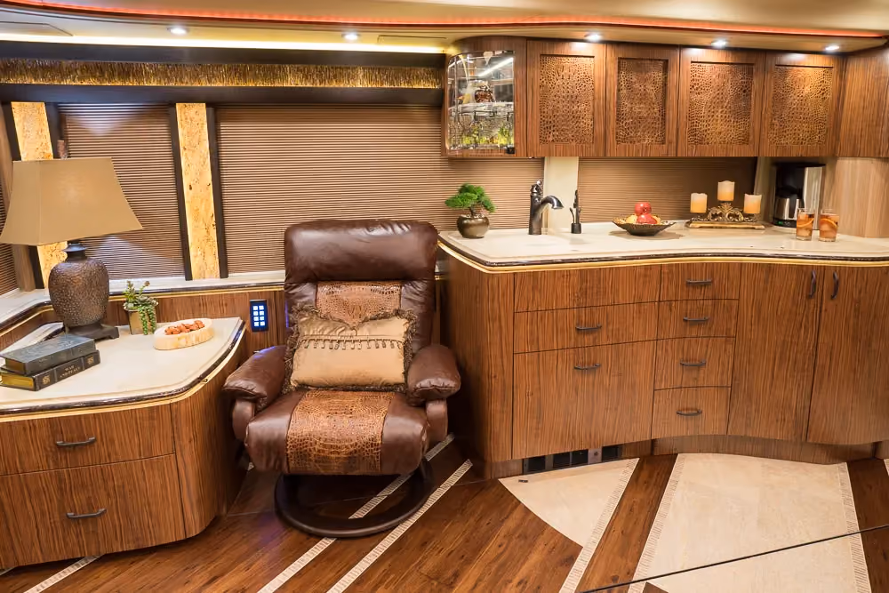 Interior salon cabinetry and finishes in Marathon Coach 1275