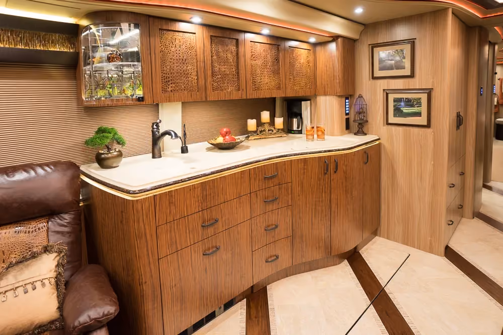 Interior galley kitchen of Marathon Coach 1275