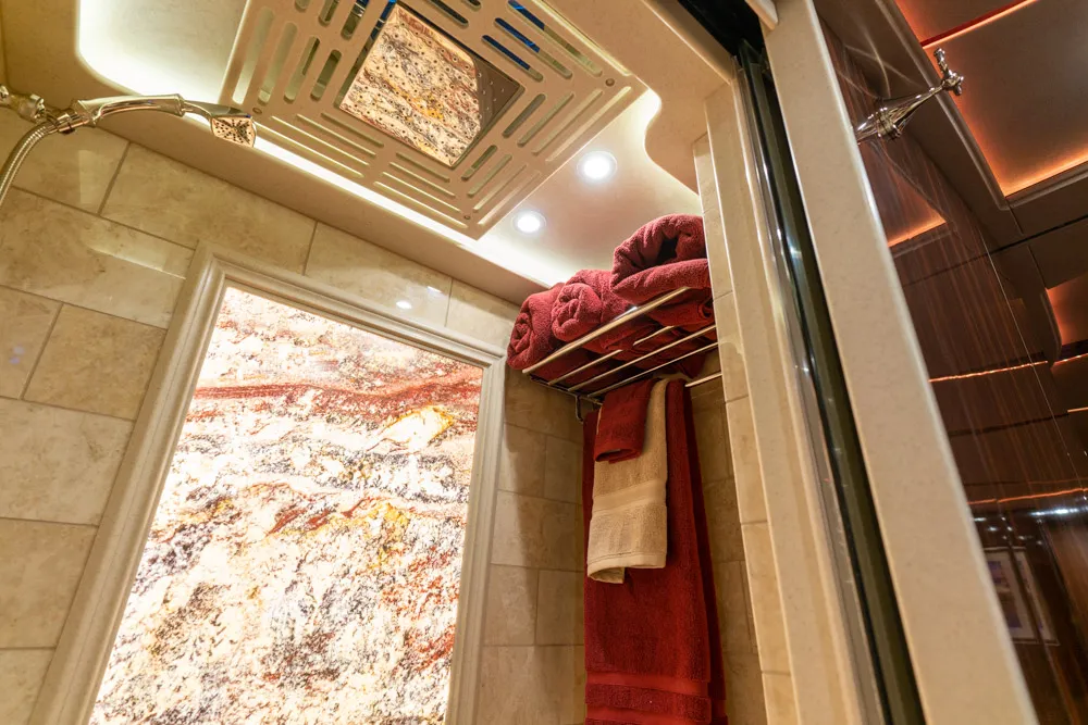 Interior galley countertop and cabinetry in Marathon Coach 1301