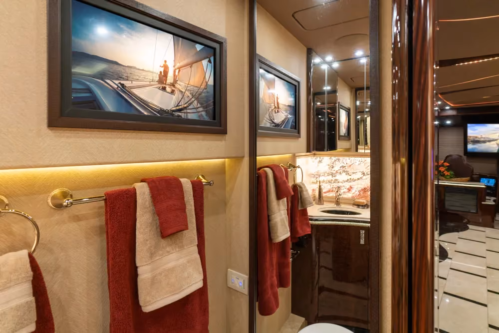 Interior bathroom vanity of Marathon Coach 1301