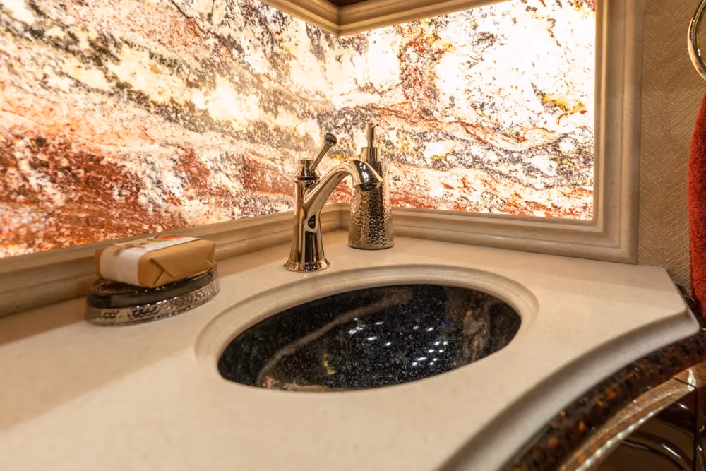 Interior bathroom area of Marathon Coach 1301