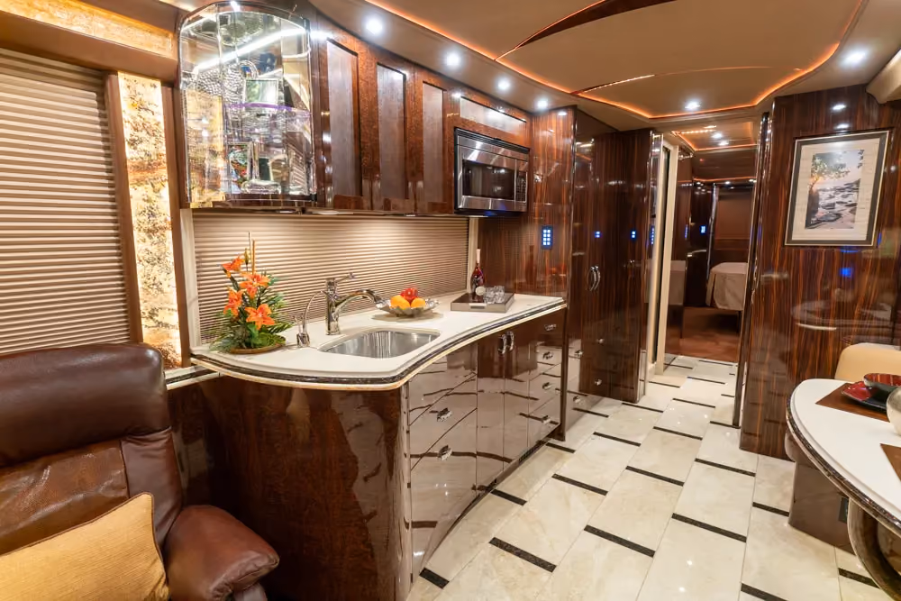 Interior salon cabinetry and finishes in Marathon Coach 1301