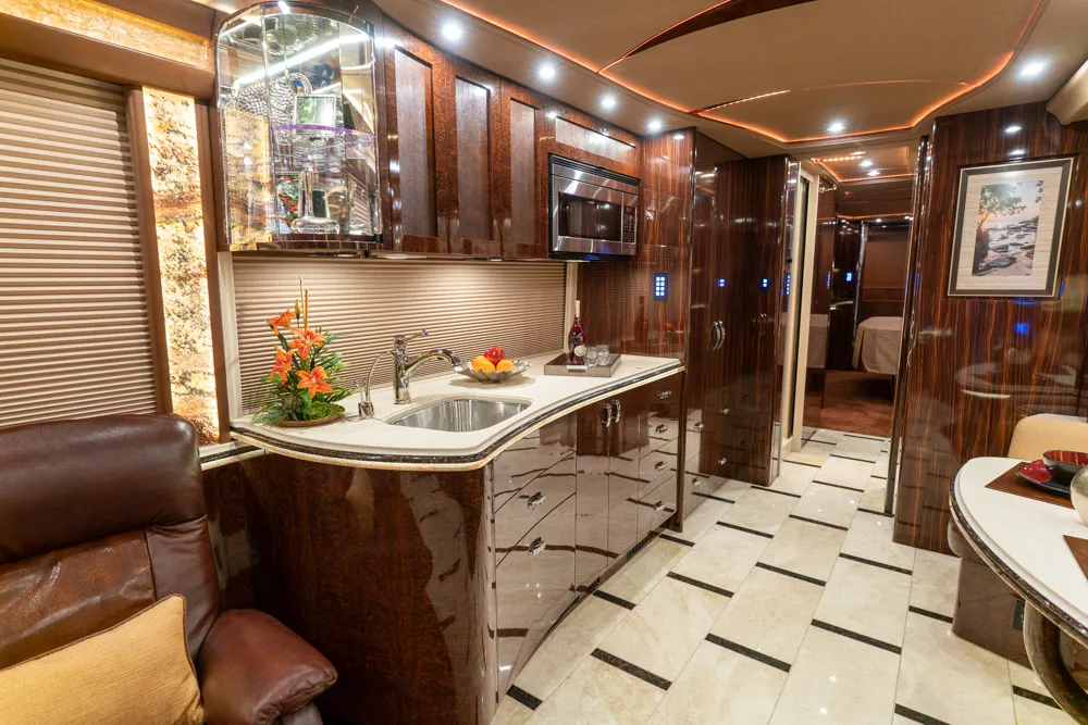 Interior salon cabinetry and finishes in Marathon Coach 1301
