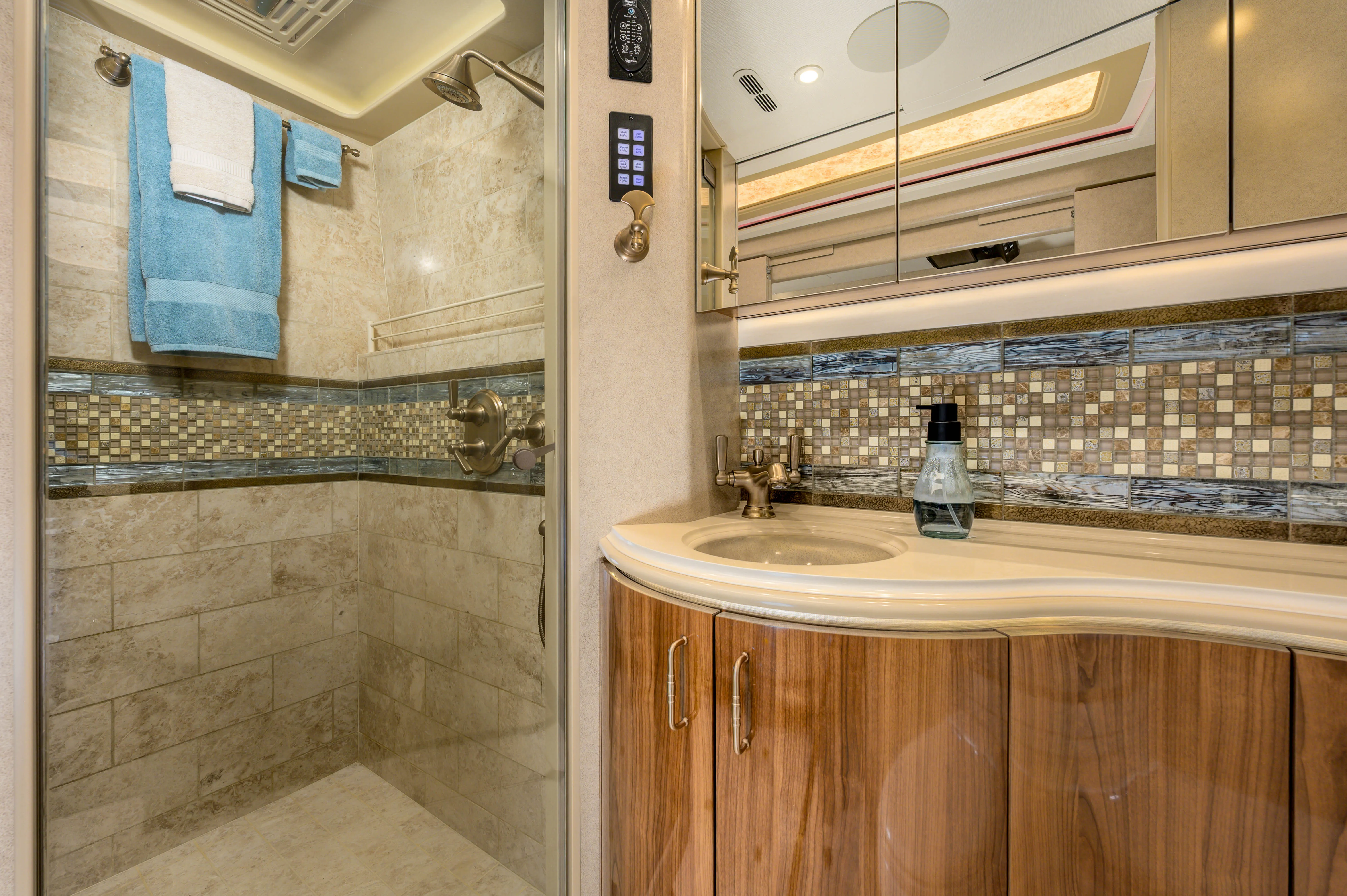 Interior bathroom vanity of Marathon Coach 1288