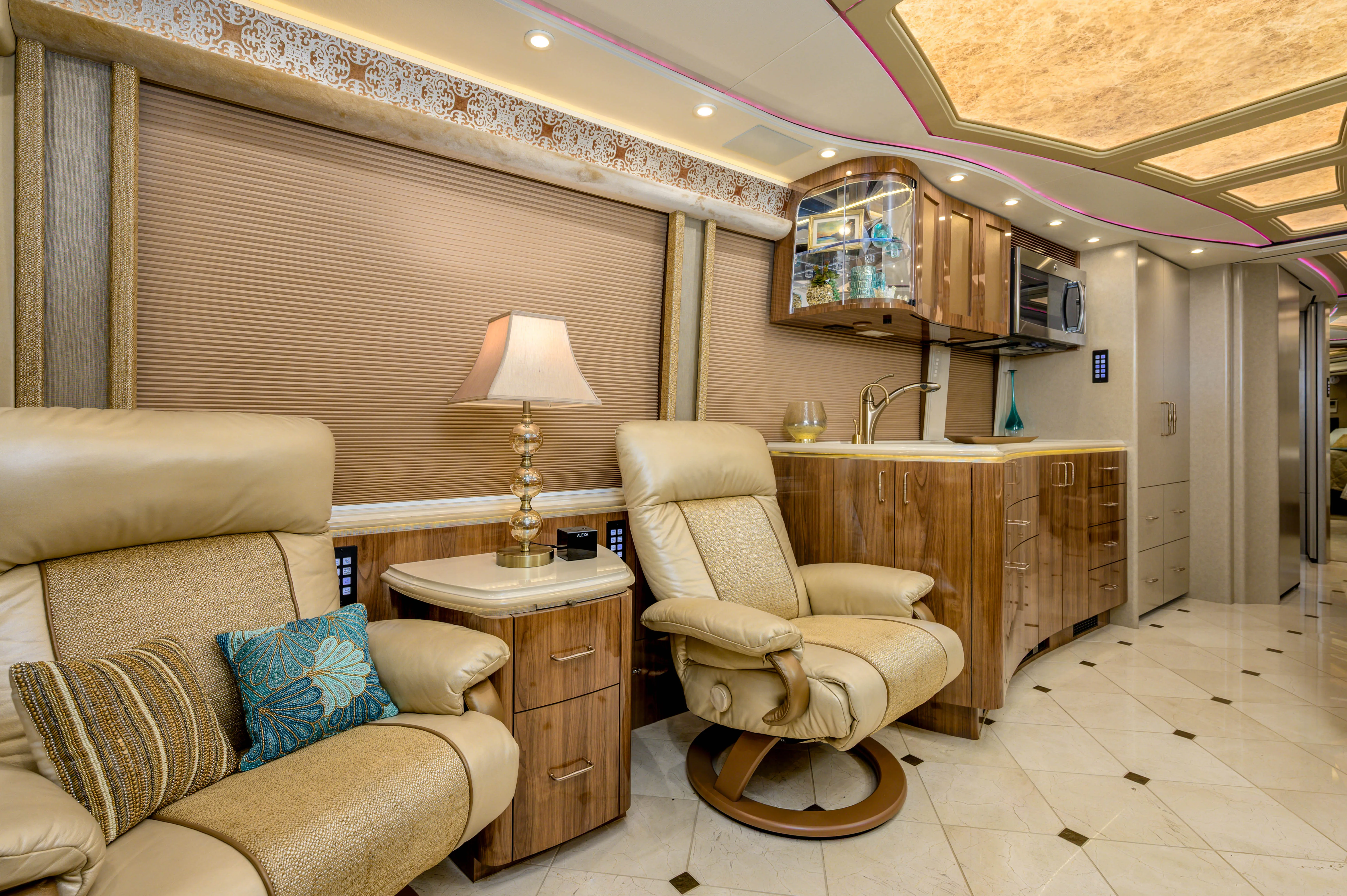 Interior salon cabinetry and finishes in Marathon Coach 1288