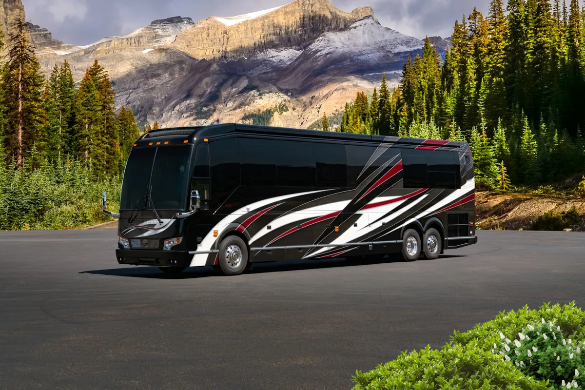 Exterior glamour shot of 2020 Marathon Coach 1303 on Prevost H3-45 chassis