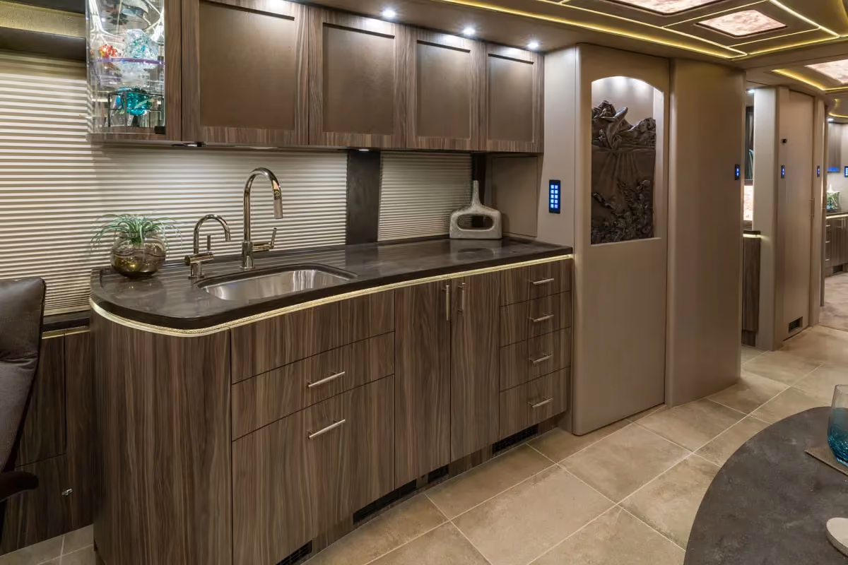 Interior galley kitchen of Marathon Coach 1303