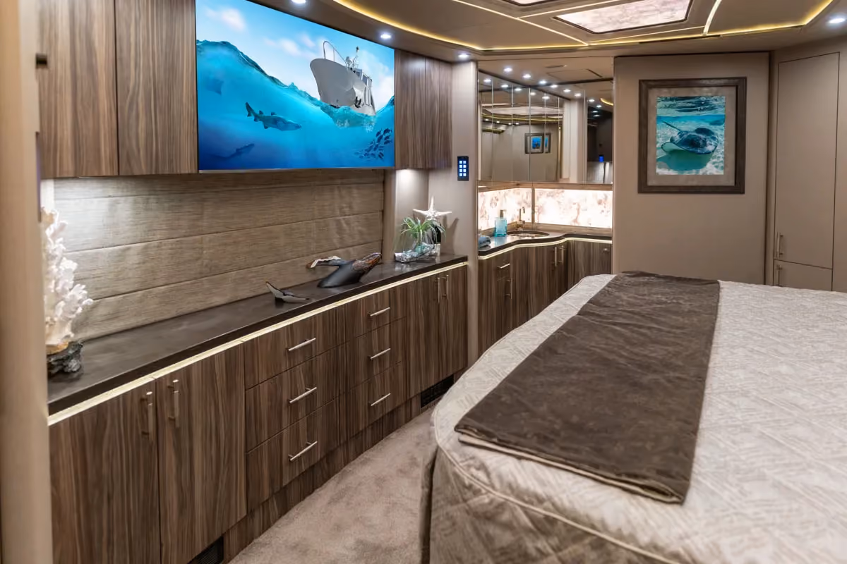 Interior rear bedroom suite of Marathon Coach 1303