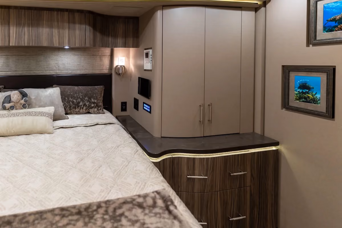 Interior bedroom cabinetry in Marathon Coach 1303