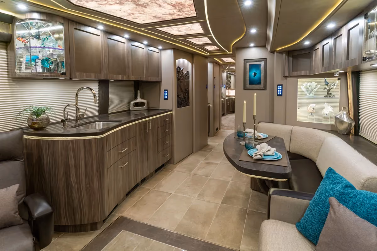 Interior salon cabinetry and finishes in Marathon Coach 1303