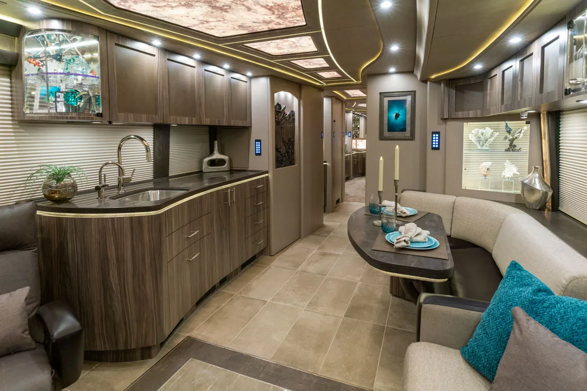 Interior salon cabinetry and finishes in Marathon Coach 1303