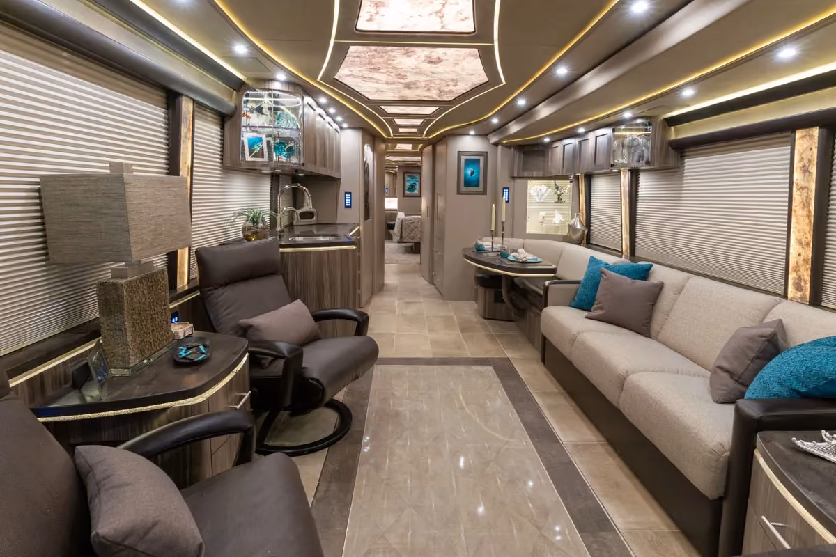 Interior salon of 2020 Marathon Coach 1303 with integrated Marathon systems