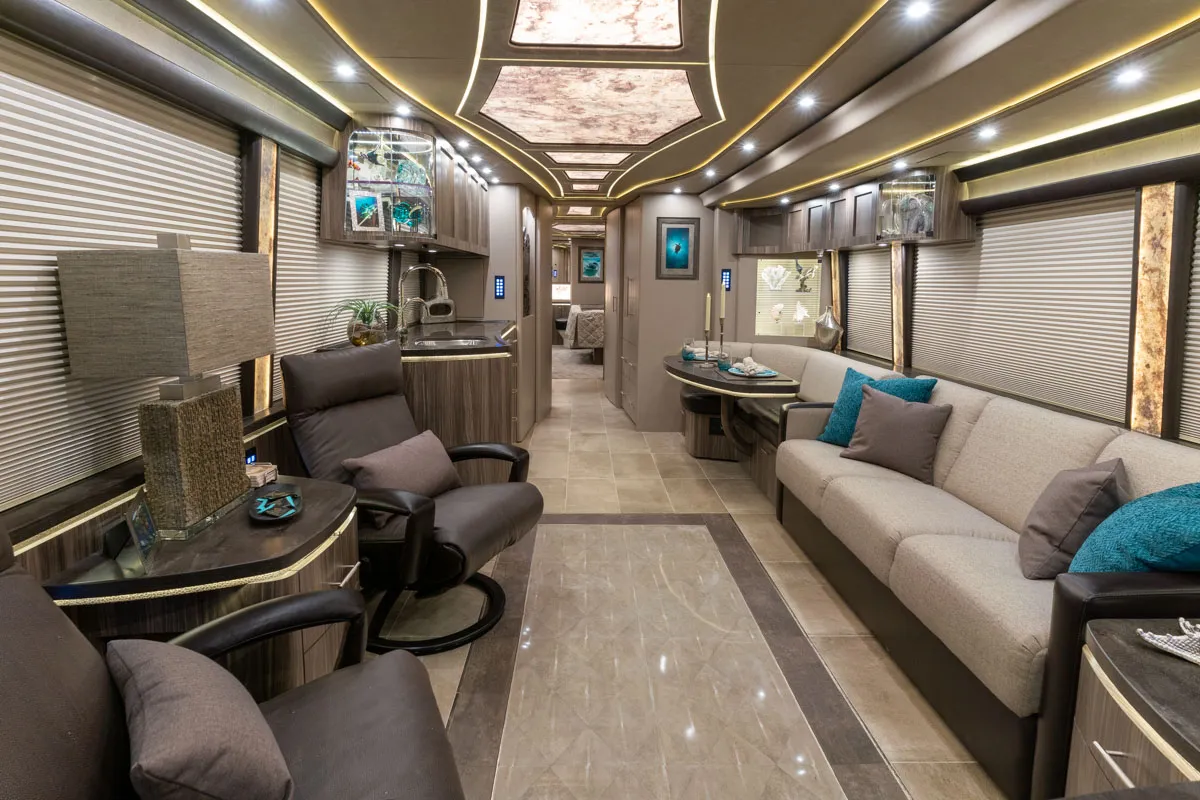 Interior salon of 2020 Marathon Coach 1303 with integrated Marathon systems