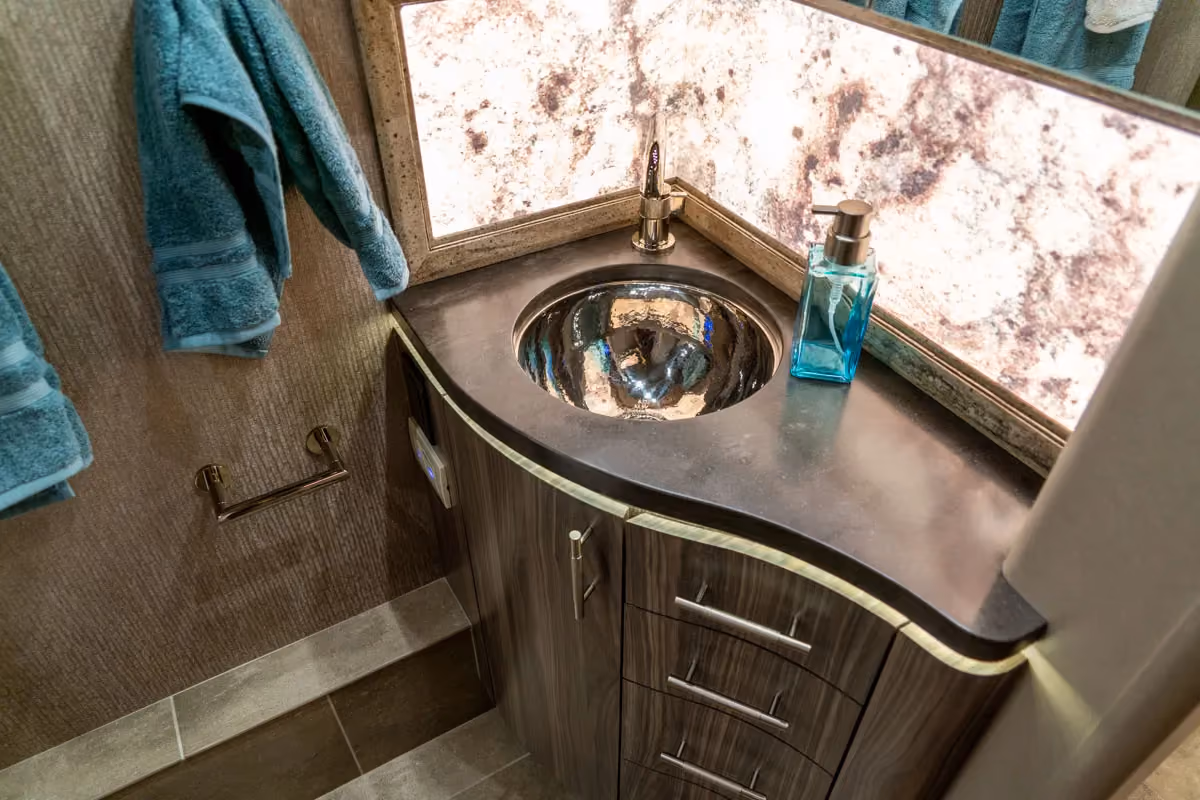 Interior bathroom area of Marathon Coach 1303