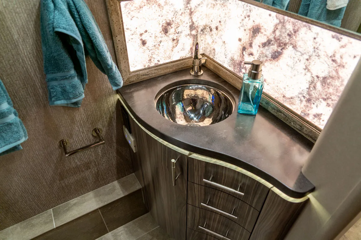 Interior bathroom area of Marathon Coach 1303