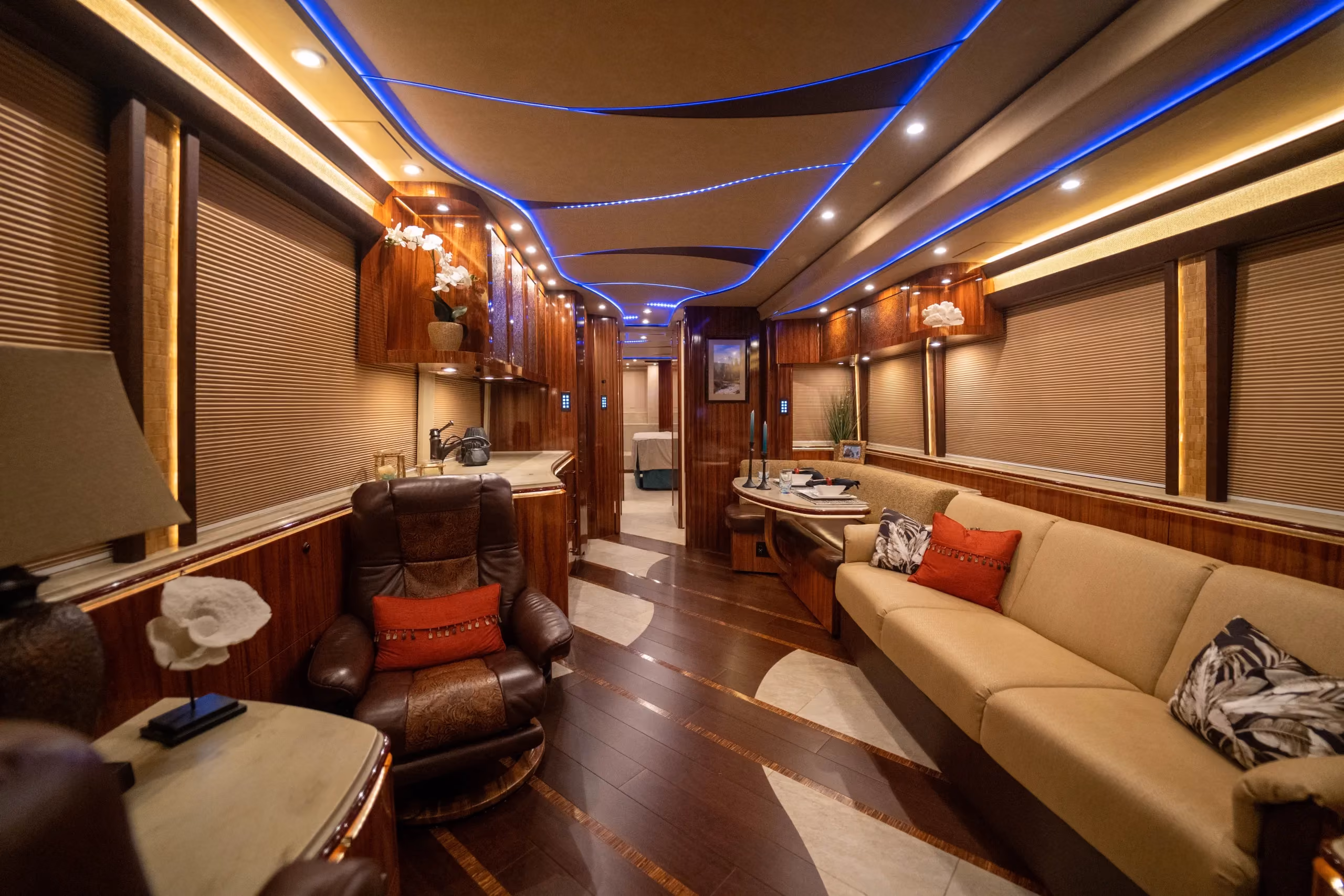 Interior salon of 2021 Marathon Coach 1317 with integrated Marathon systems